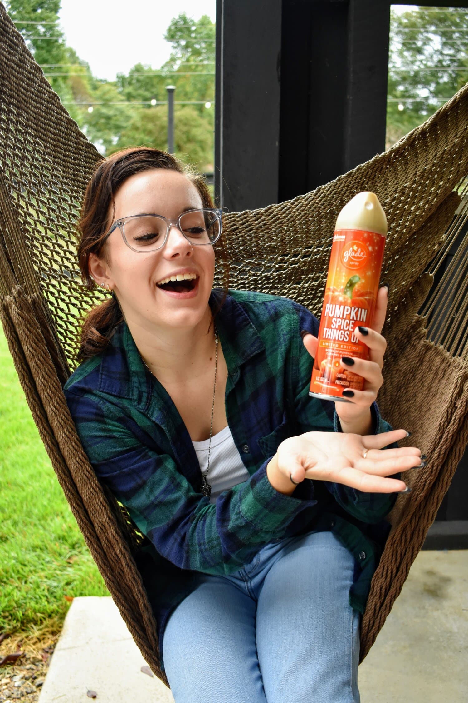Want your dorm room to smell like fall? With this pumpkin spice Glade spray Kellen-Elizabeth Jordan, freshman, is holding, you can get the job done.