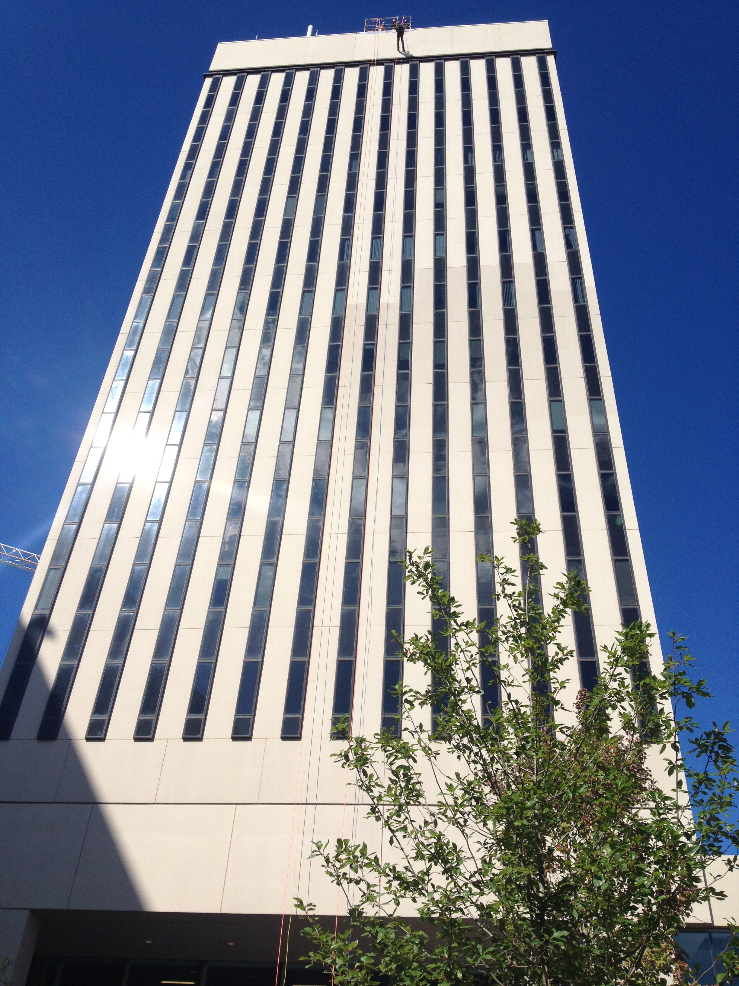 The Bank of America is 228 feet tall and did not block the aggressive wind during the rappel.&nbsp;