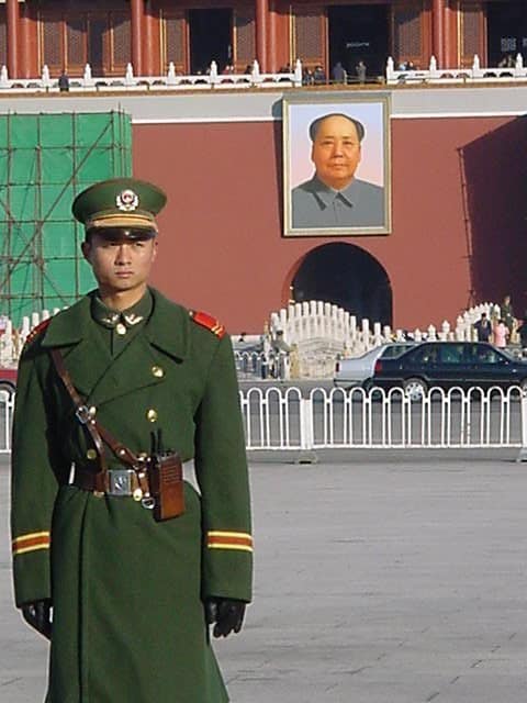 Soldiers stand guard in Tiananmen Square, the site of the 1989 massacre of pro-Democracy protesters in China.