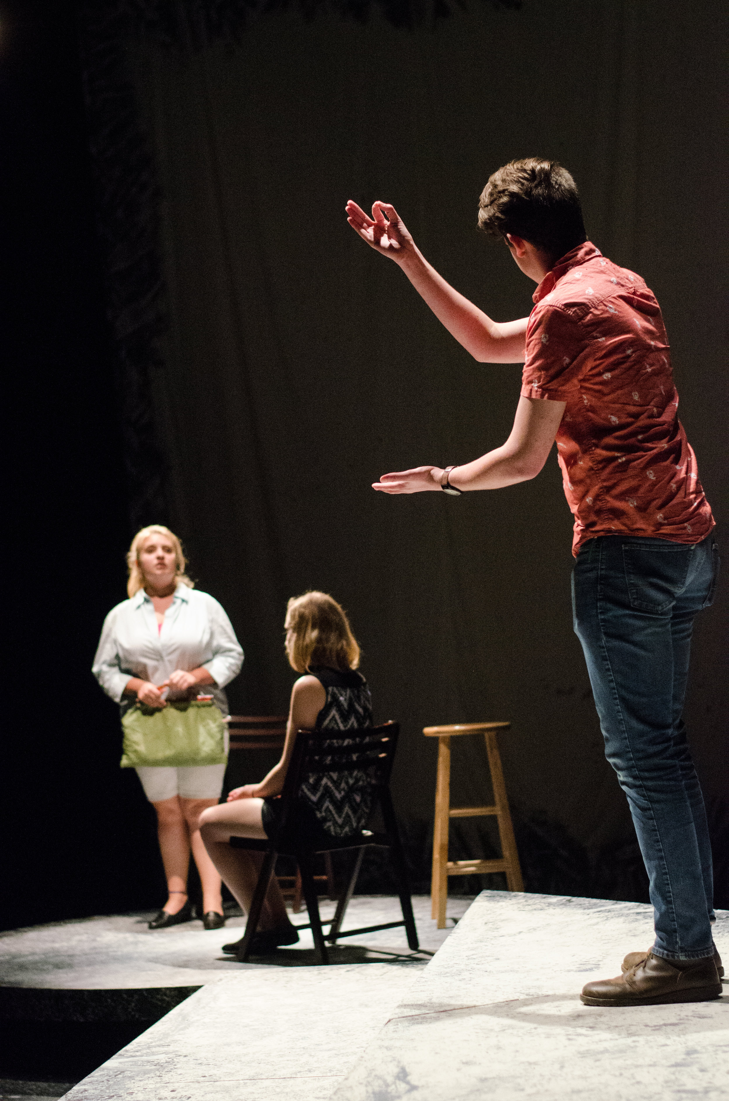 Leah Meahl, Rebekah Kingston and Austin Smith practice for the production of "Nora's House." Photo credit: Allison Starling