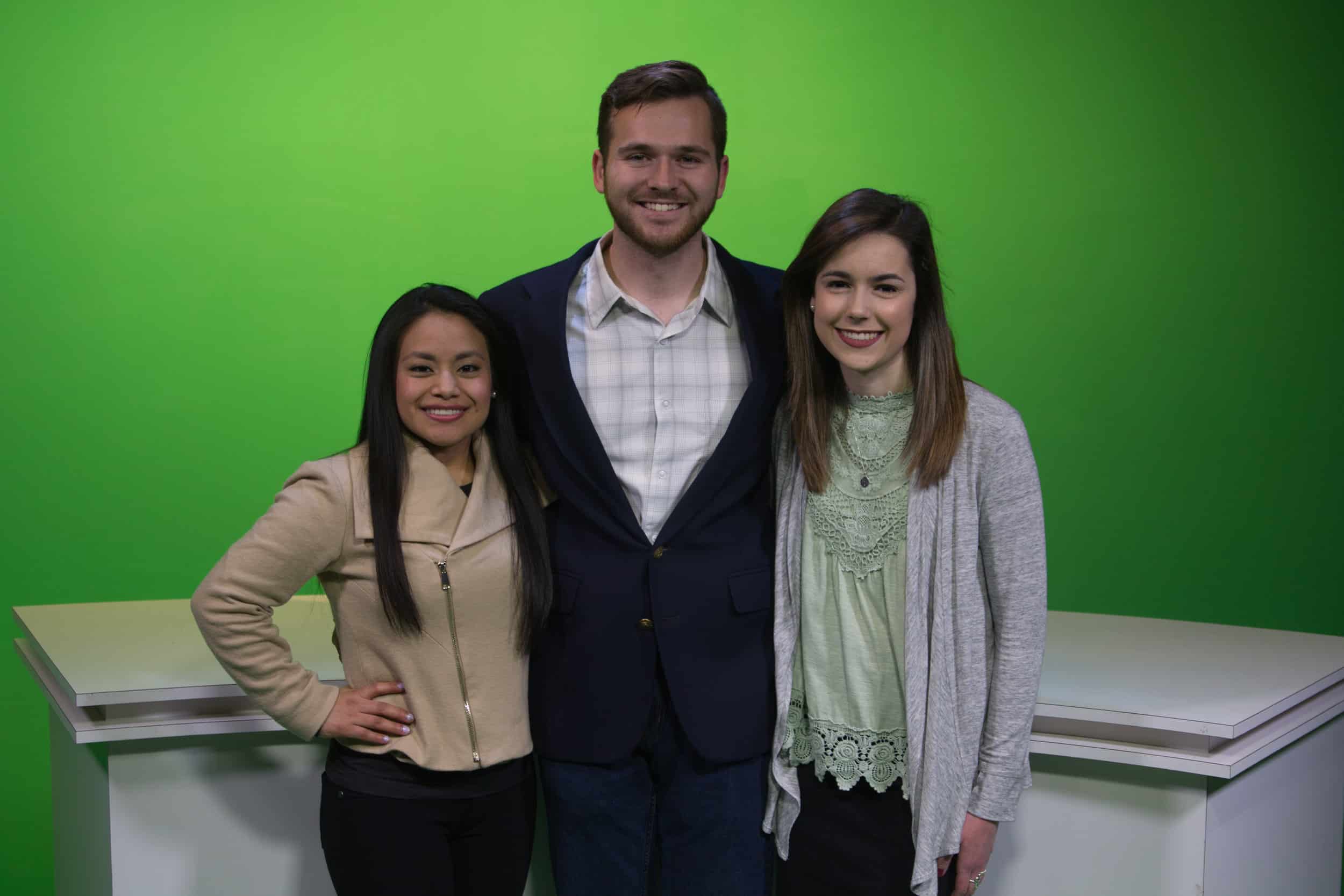 Vision 48 staffers Josefa Ventura, Quentin Gosselin and Alyssa Ashe helped produce award-winning coverage for the student television station.Photo Courtesy of Jake Hardin