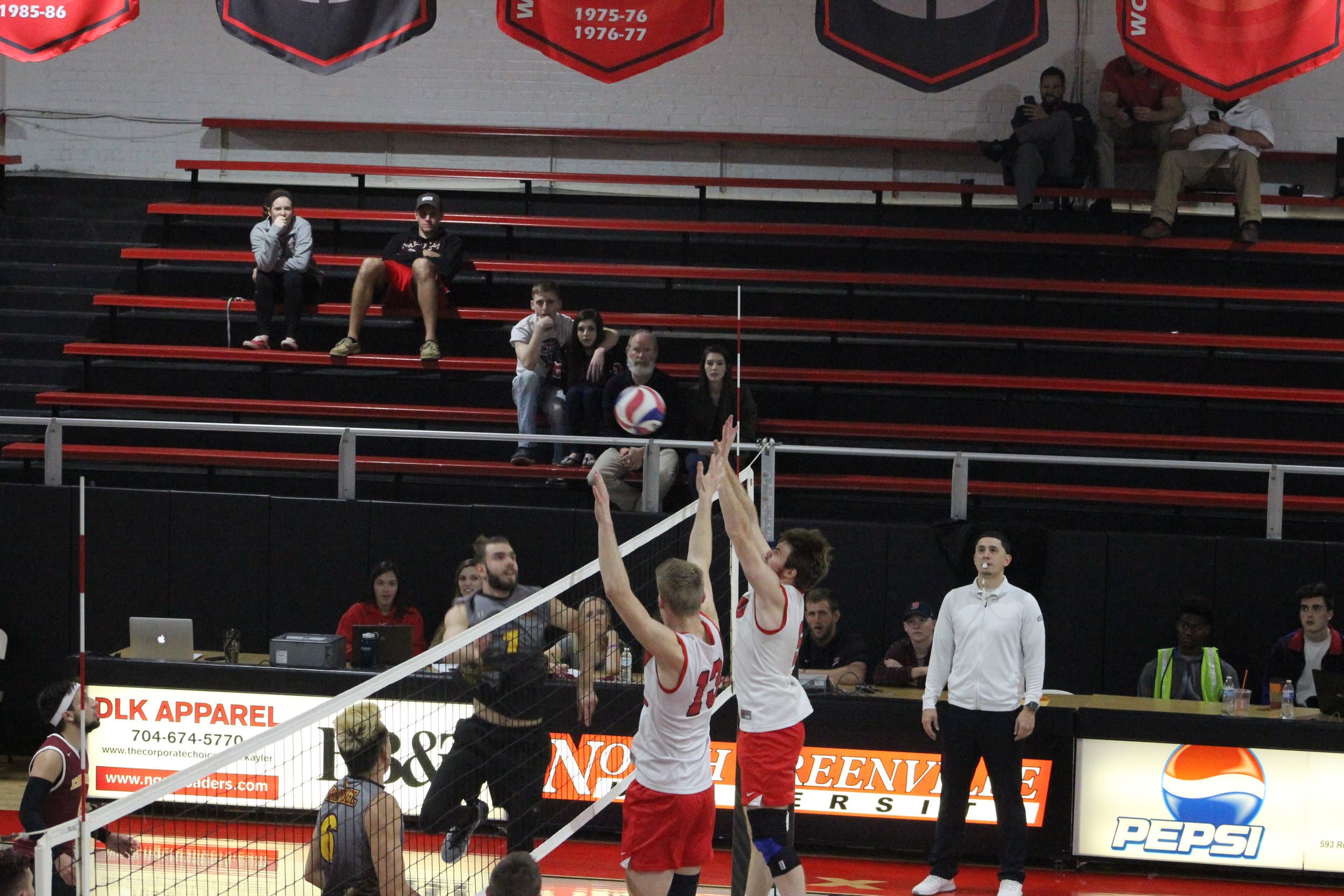 Ben Hamsho and Alexander Schinzing &nbsp;playing skillfully at the net and stopping Emmanuel's attempt at a quick come back early on in the game.