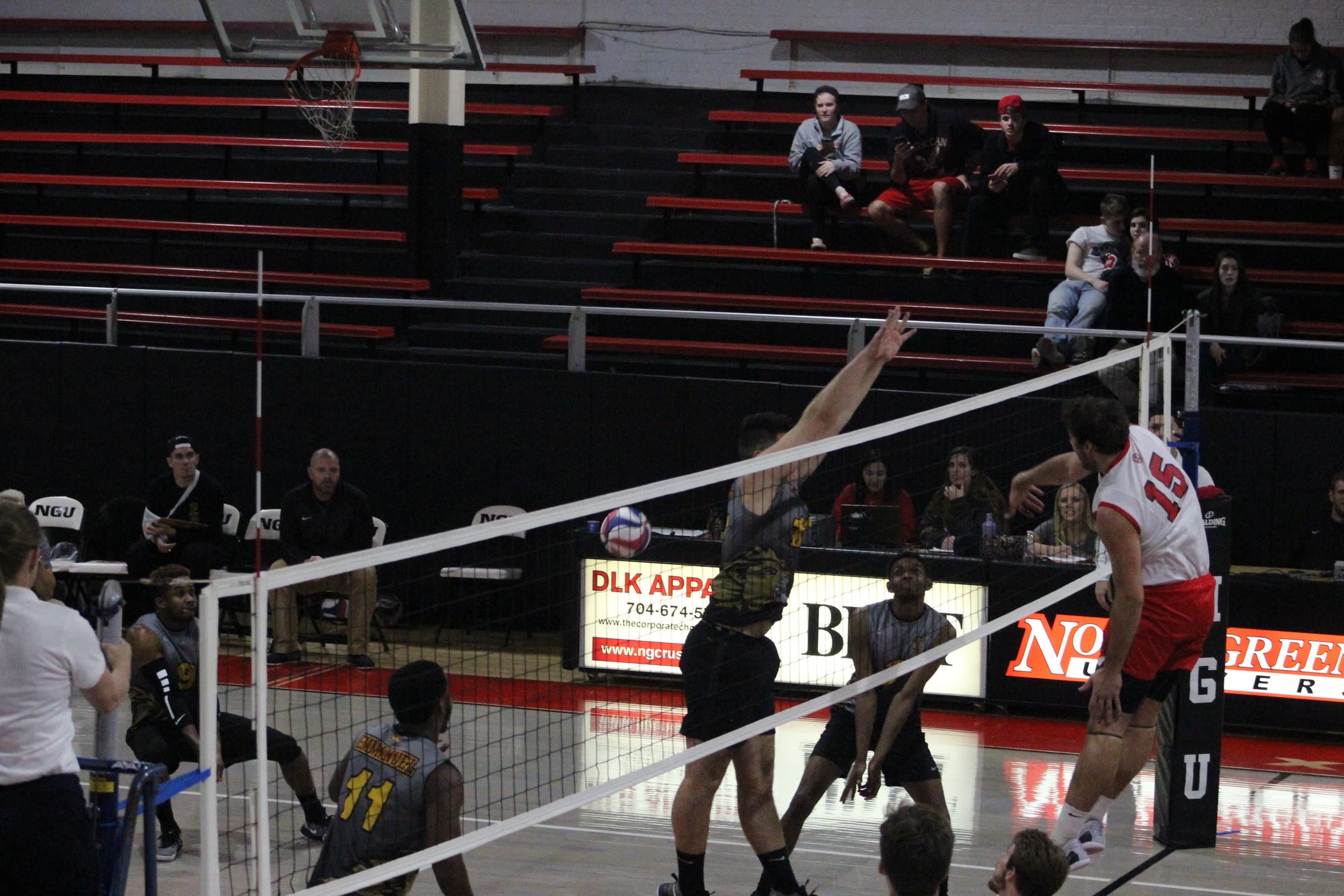 Number 15 Matthew McManaway with the winning spike. Ending the game in victory for the Crusaders.