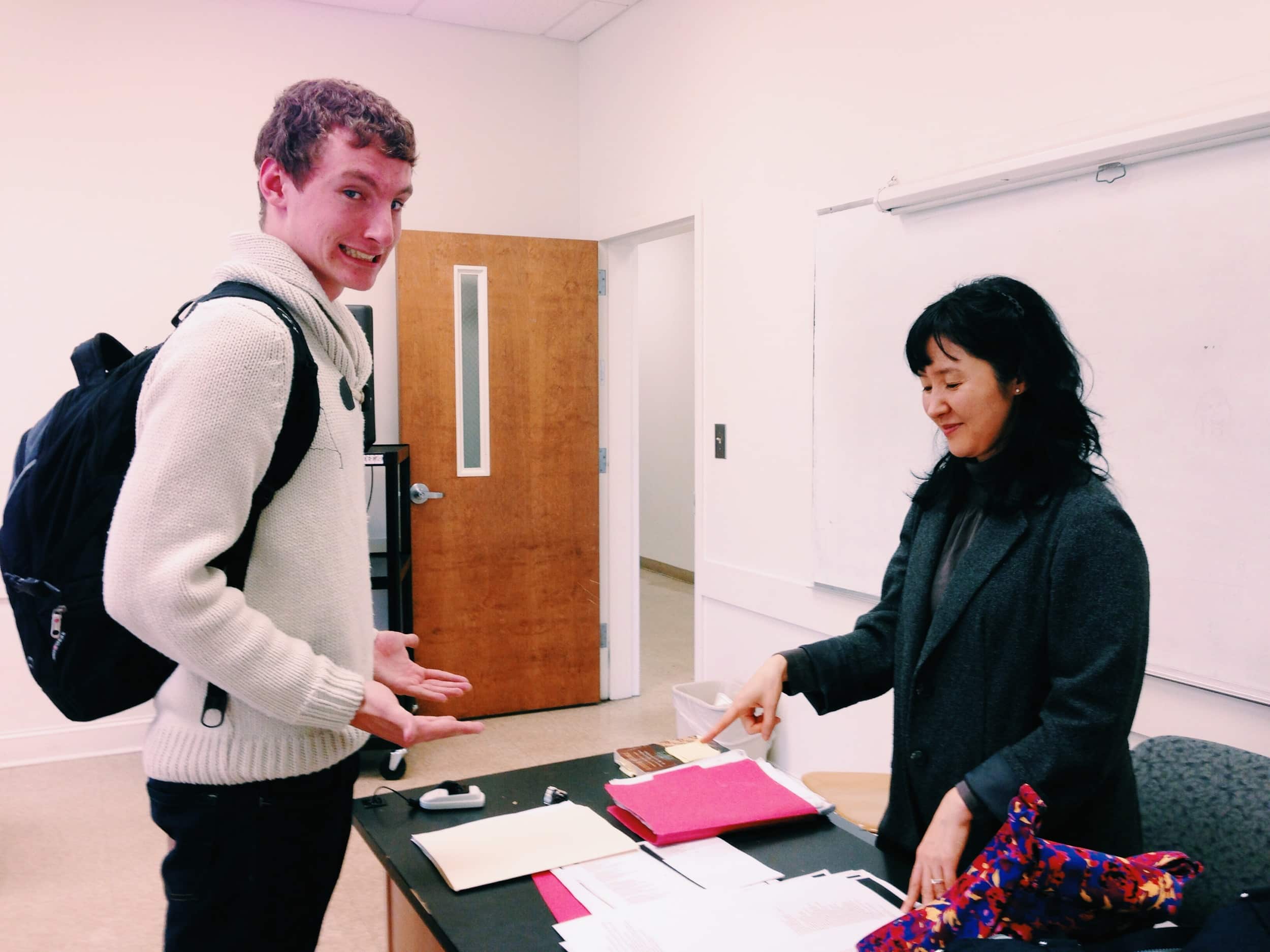 Hiewon Shin pretends to fuss at Jacob Campbell for his lack of thinking outside the box.