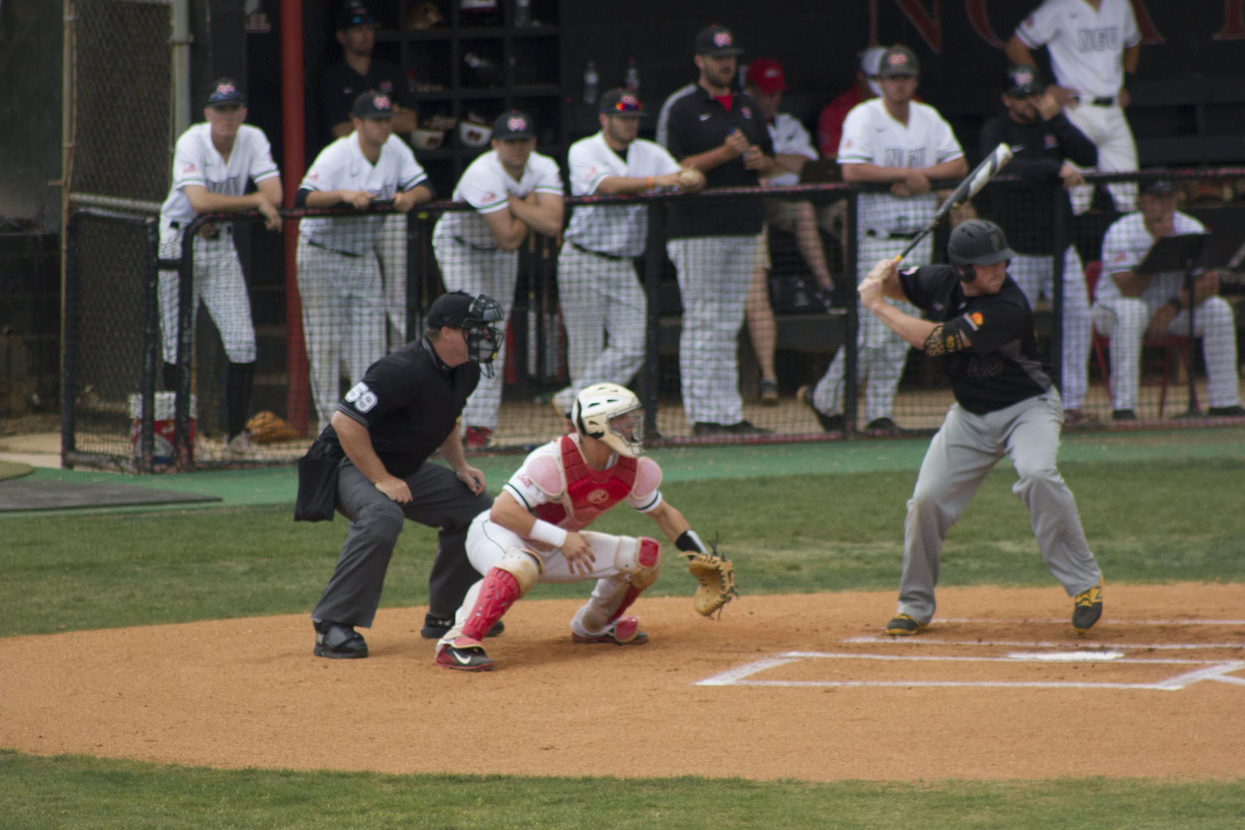 Catcher, Brandon Odachowski, gives a pitching signal and a Pfeiffer batter prepares for the pitch.