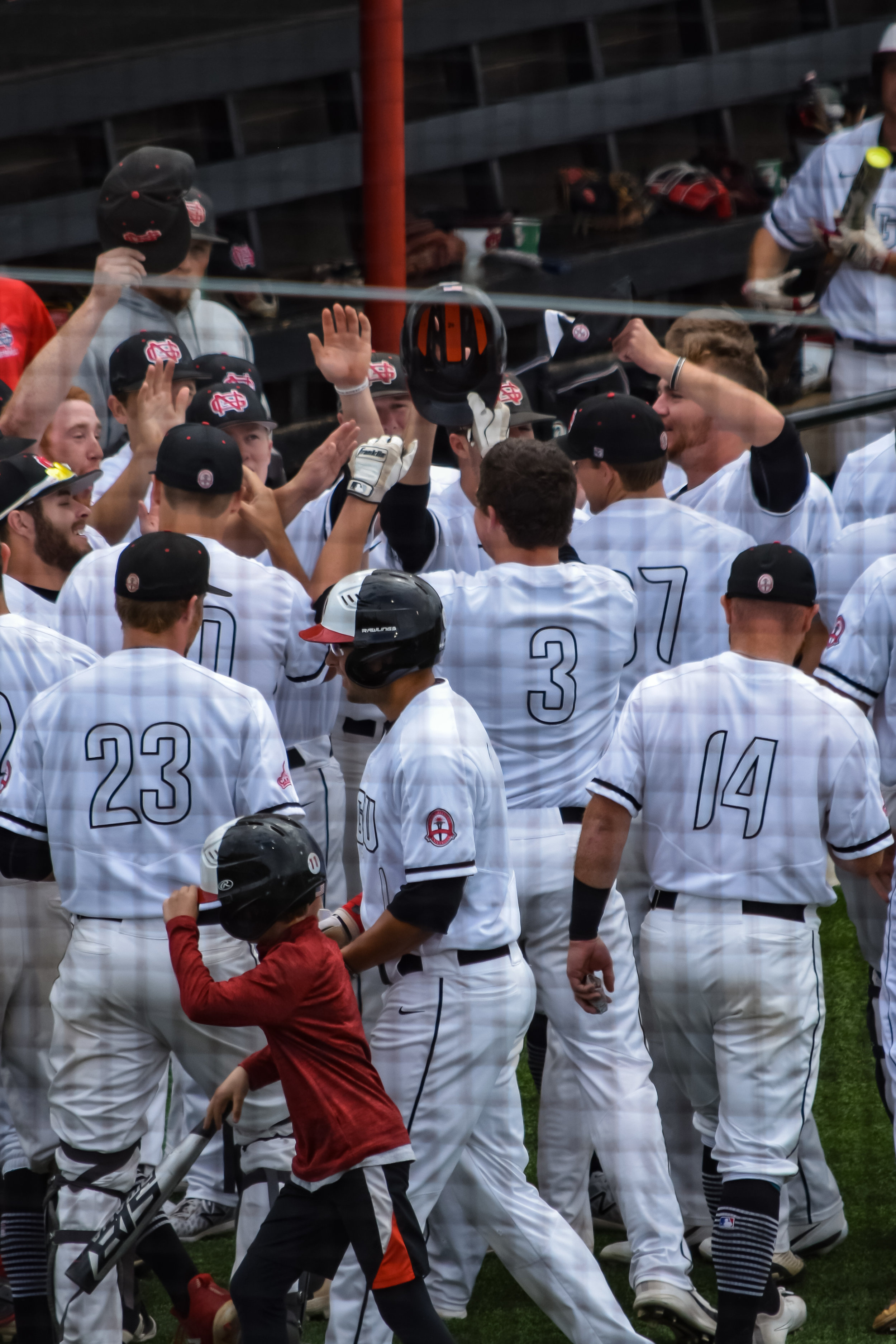 The team comes together to congratulate Brown on his home run.