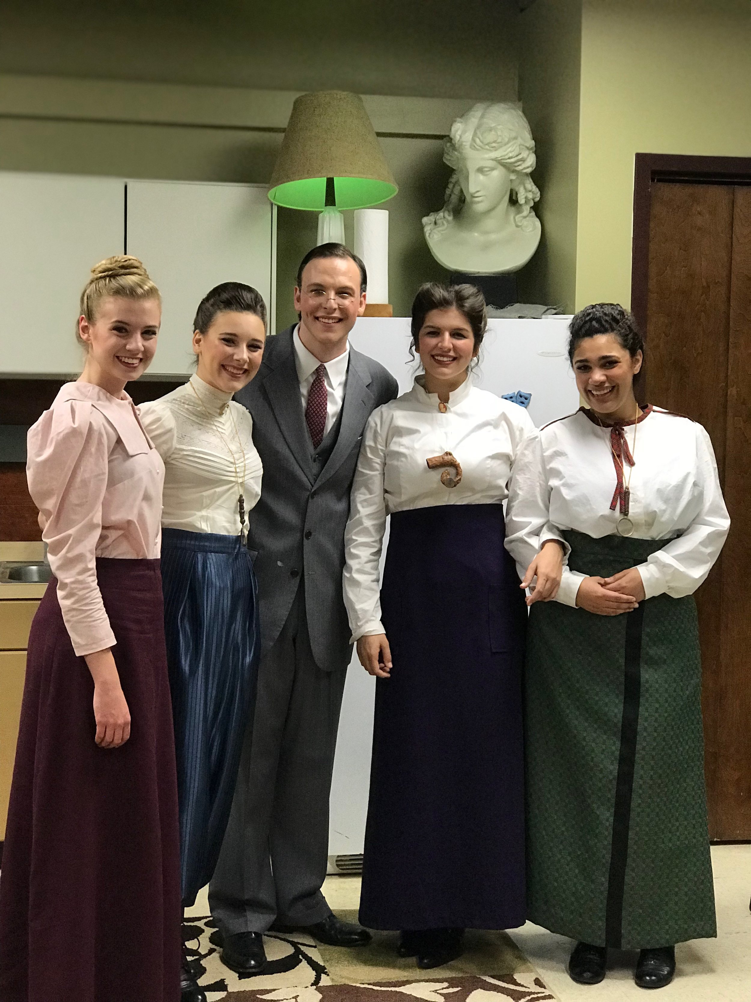 The cast members paused from dressing out of their costumes to pose for a group photo after the play.From left to right: Abby Gilbert (sophomore), Rachel Gasdia (sophomore), Tanner Dean (junior), Emily Smith (senior) and Cassie Scott (senior).
