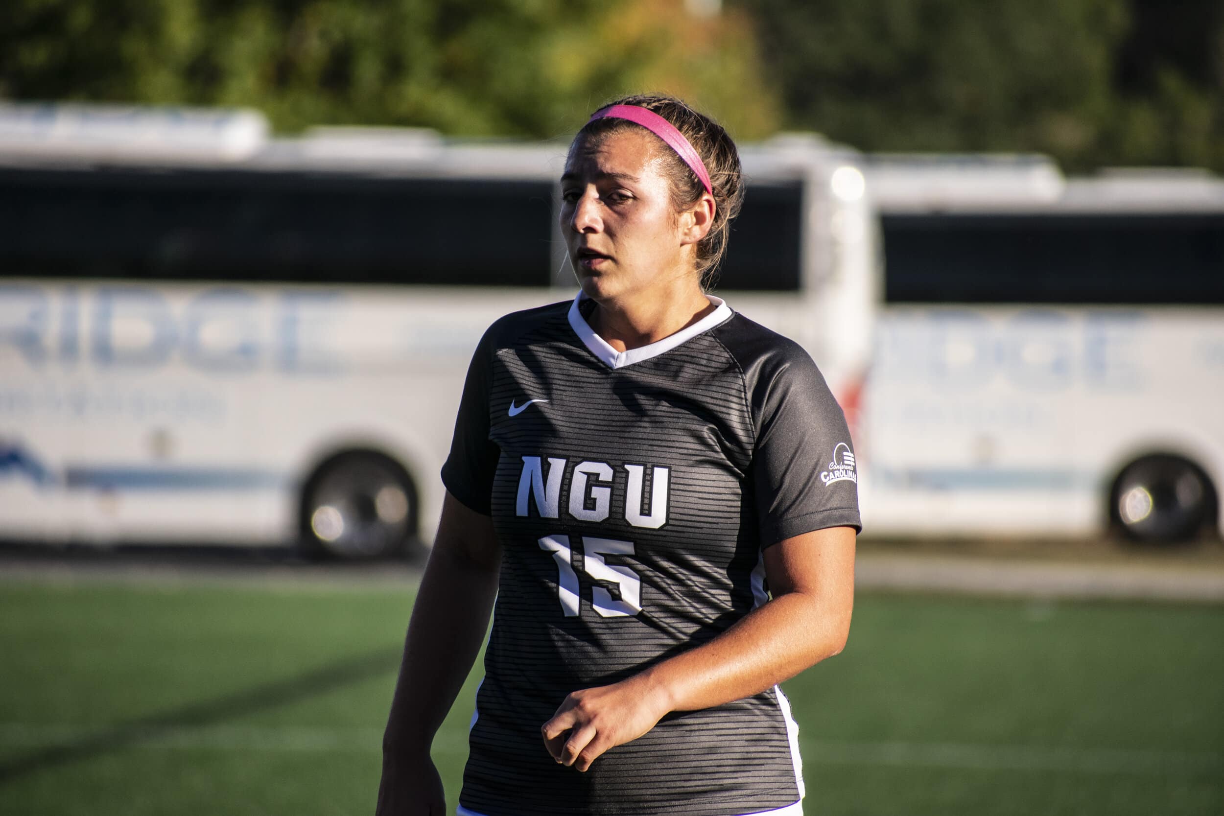 Senior Karly Denaburg (15) waits for the game to resume while NGU is on their offensive positions.
