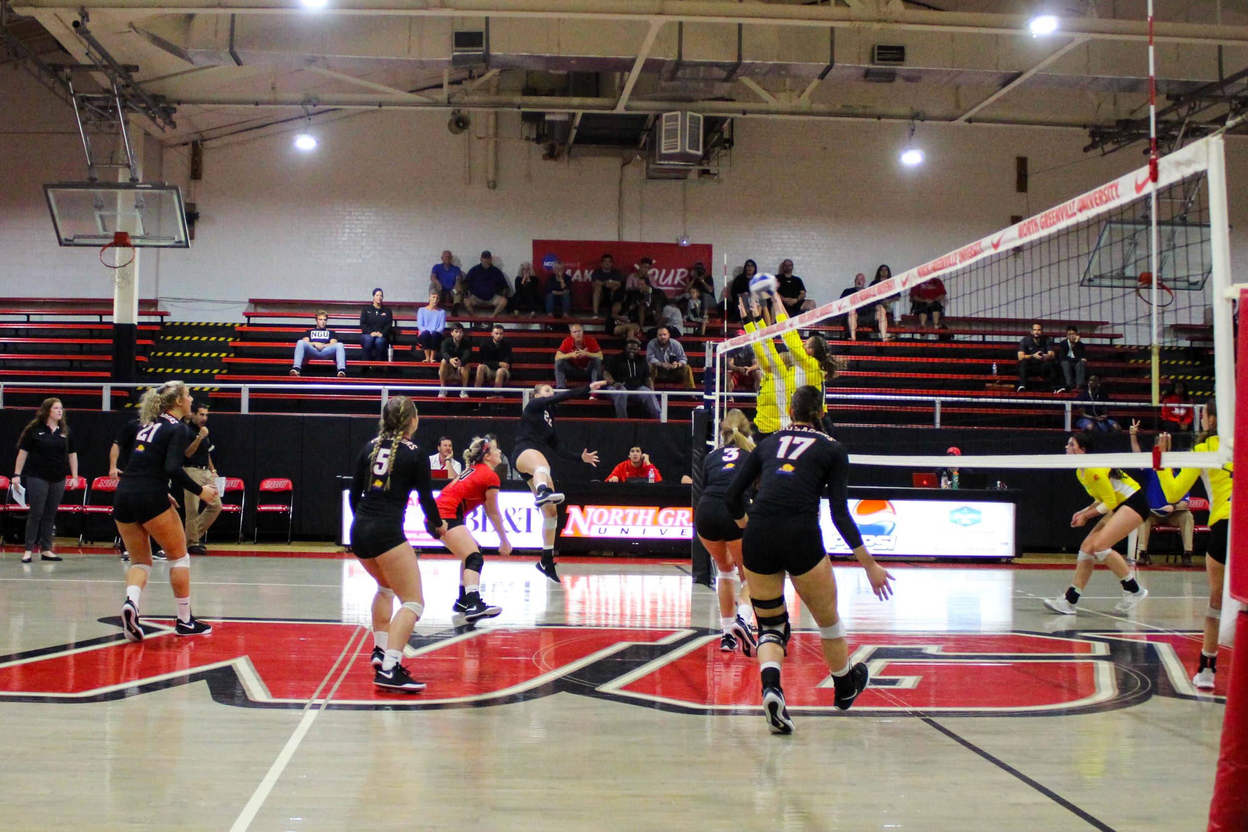 Two Limestone College players jump to block a hit by senior Courtney Williamson (22).