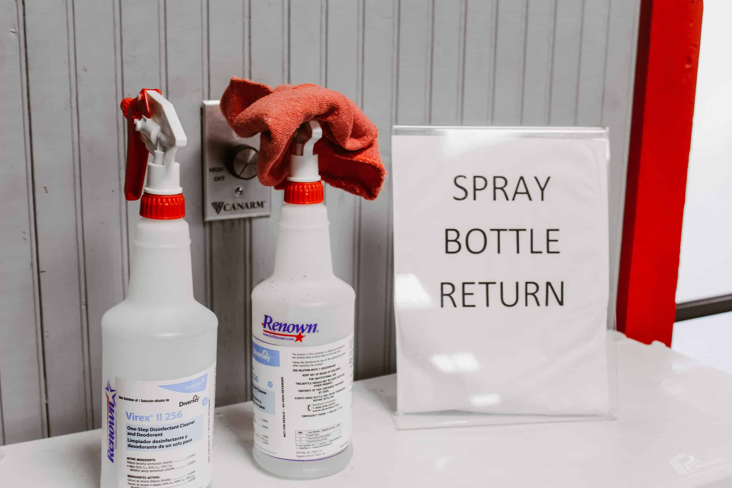 Upon leaving the gym, spray bottles and rags must be left so that the desk worker can properly clean and restock cleaning equipment for use.