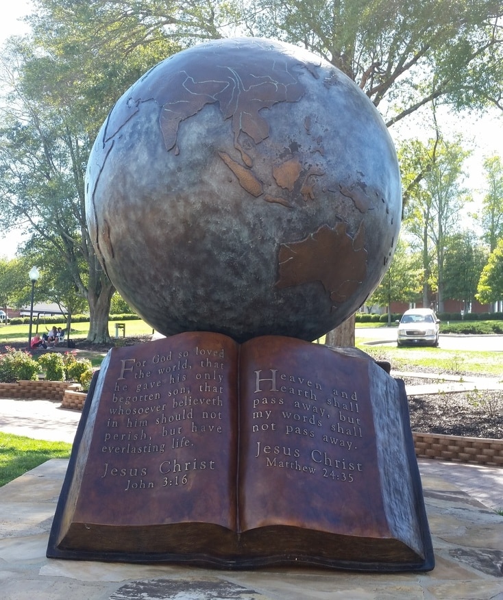 A statue outside North Greenville University's Craft Hemphill building.