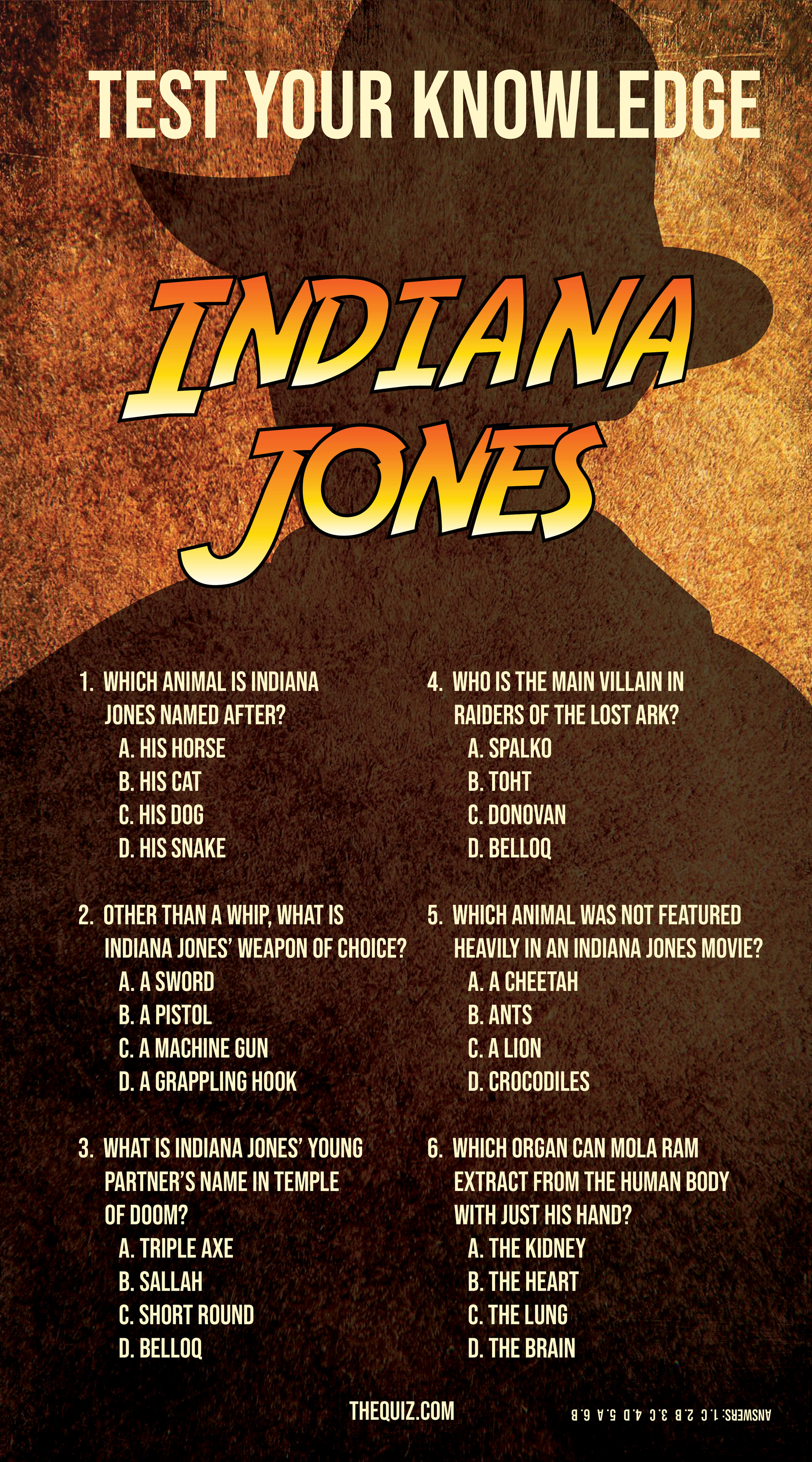In honor of the fifth Indiana Jones movie being announced, here is a quiz to test your Indiana Jones knowledge.