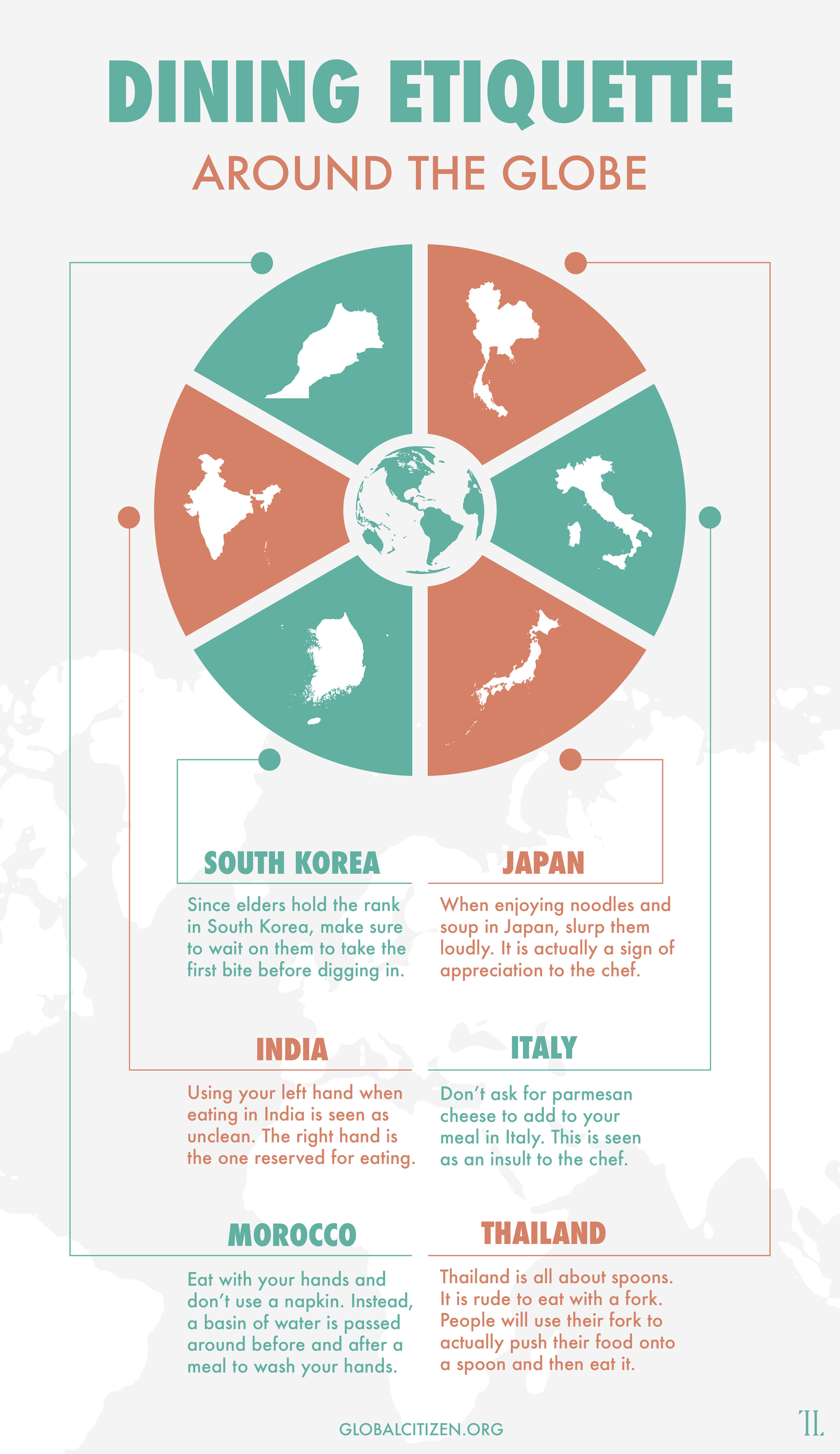Taking a trip around the world can show you that food norms vary from country to country. Here are some interesting dining etiquette tips from around the globe.Maps by Free Vector Maps: https://freevectormaps.com