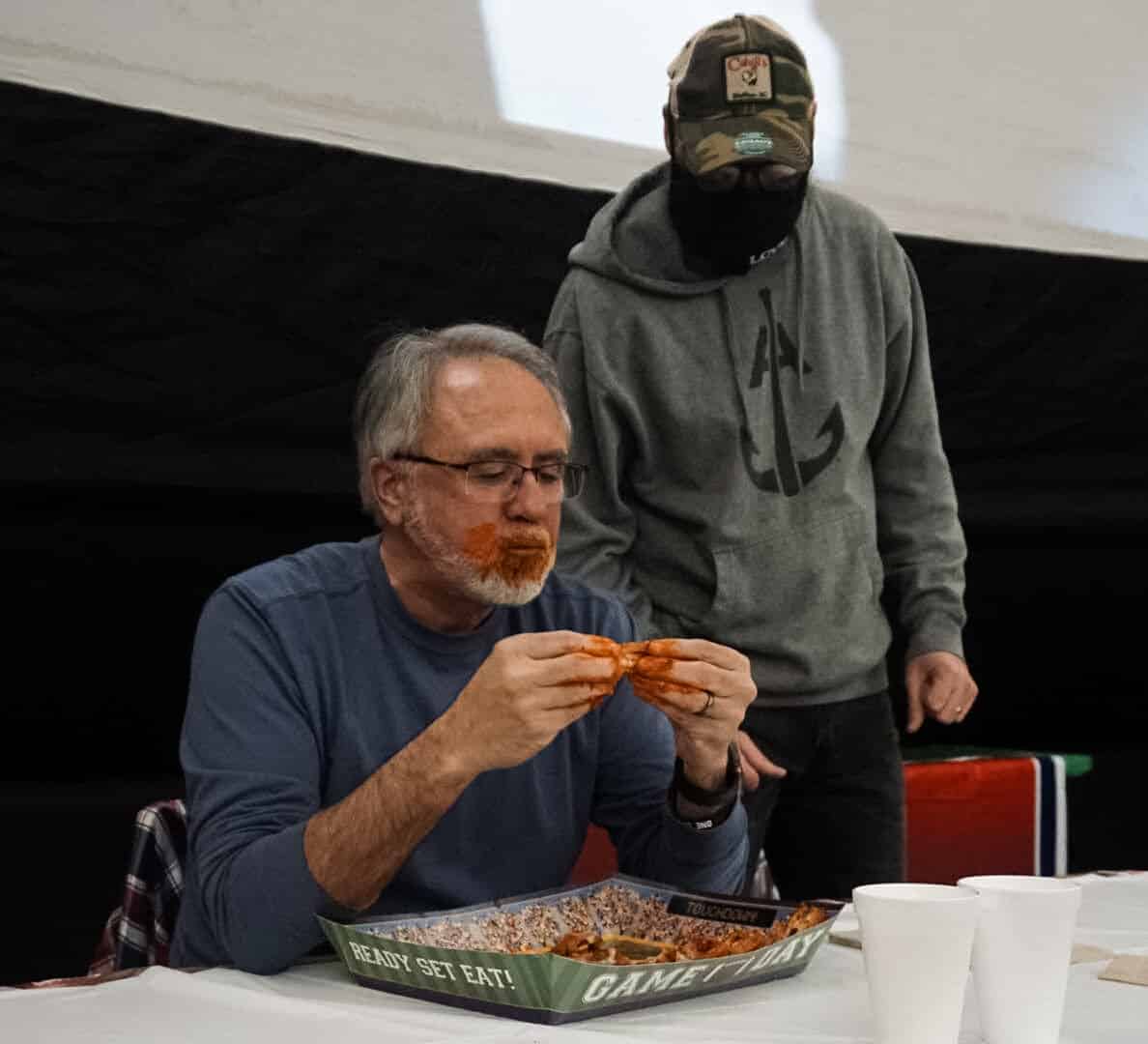 And thats a wrap! NGU Executive Vice President Rich Grimm finishes first in the wing eating competition.