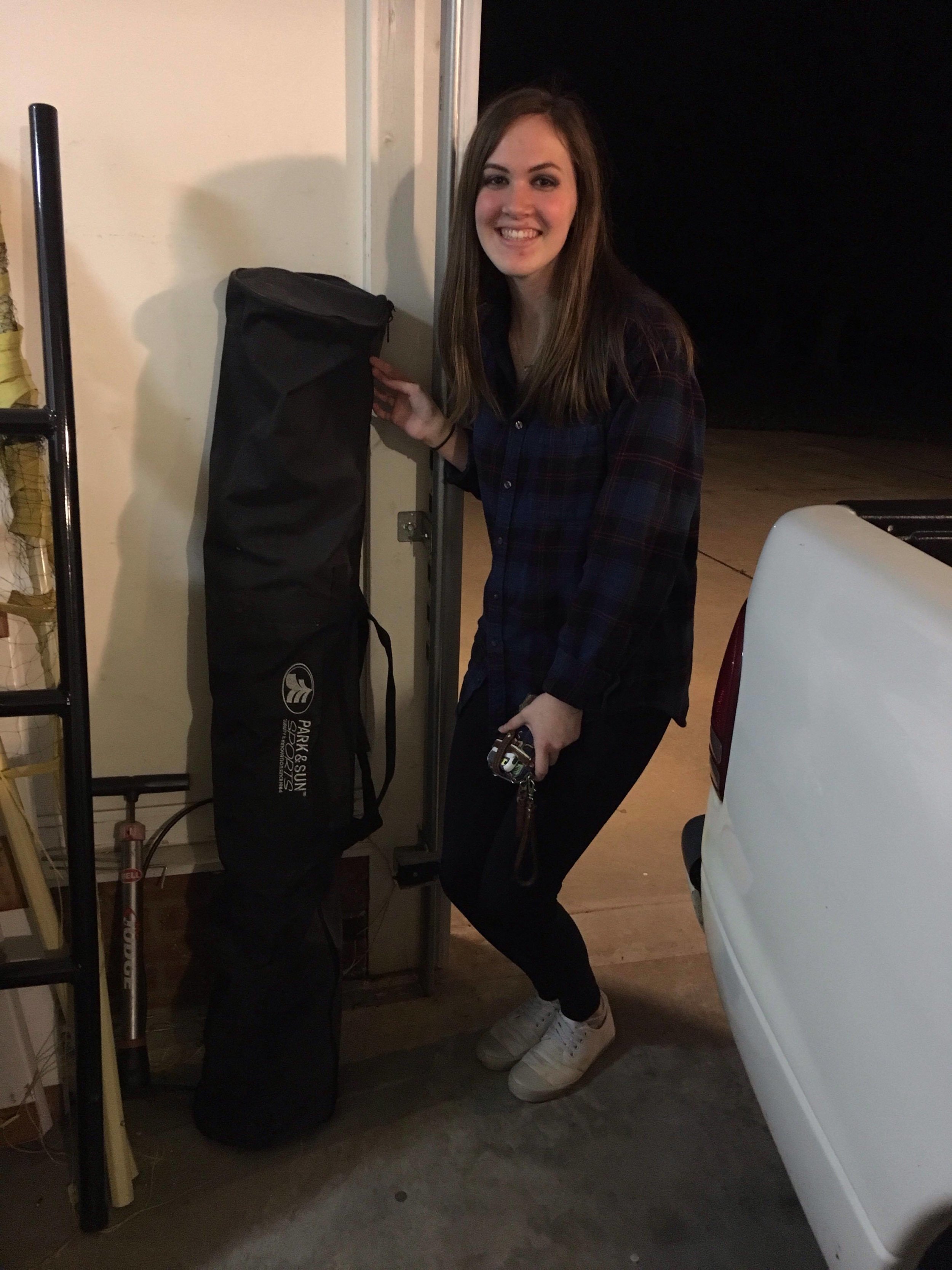 Kailyn Horn (Sophomore - Health Science)&nbsp;is standing with her favorite gift, an outdoor vollyball net.&nbsp;