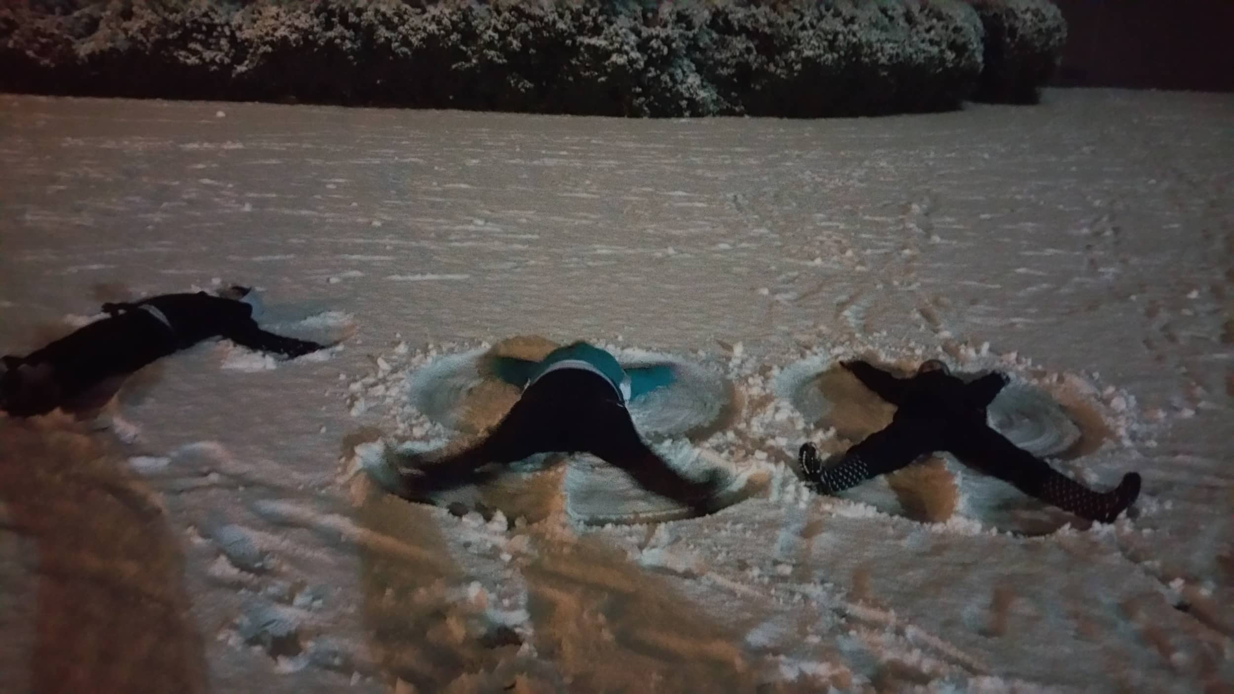 Students Megan Conley, Hayden Harris, and Jessie Prescott make snow angels.&nbsp;Photo by Alex Miller