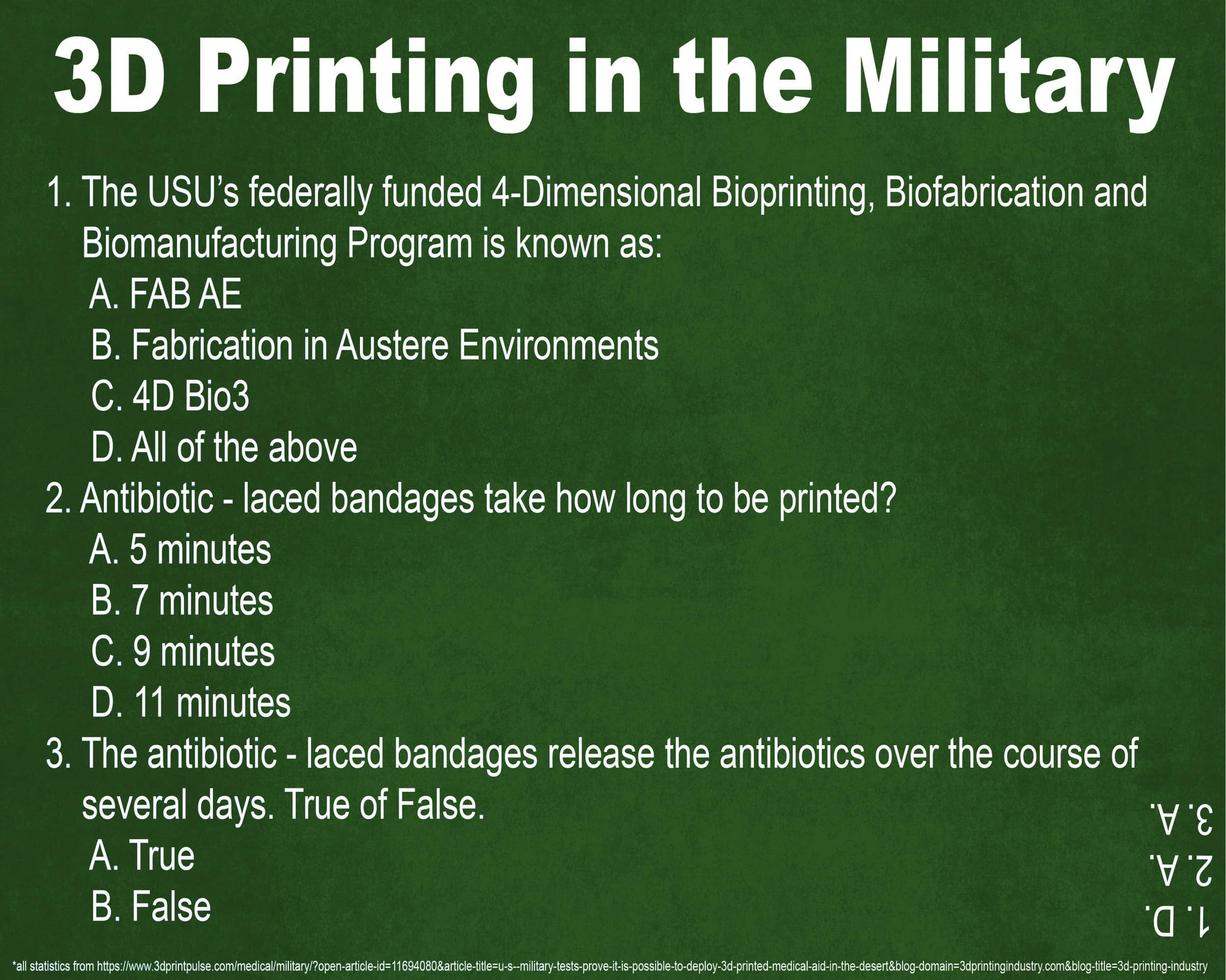 Under the FAB AE program, 3D printing is making its way to the battle field. 3D printing is in the experimental stages for military use. According to www.3dprintpulse.com, all devices in the experiment were made using a material that could be steri