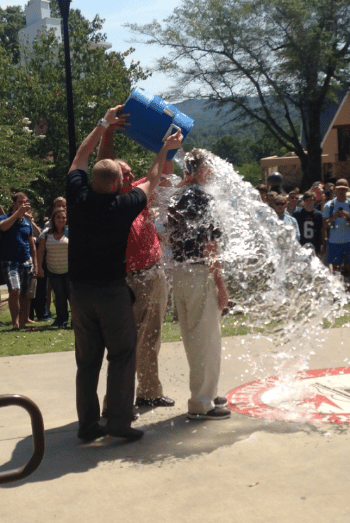 President Jimmy Epting accepts the ALS Ice Bucket Challenge in front of the Todd Dining Hall on August 21, 2014.&nbsp;