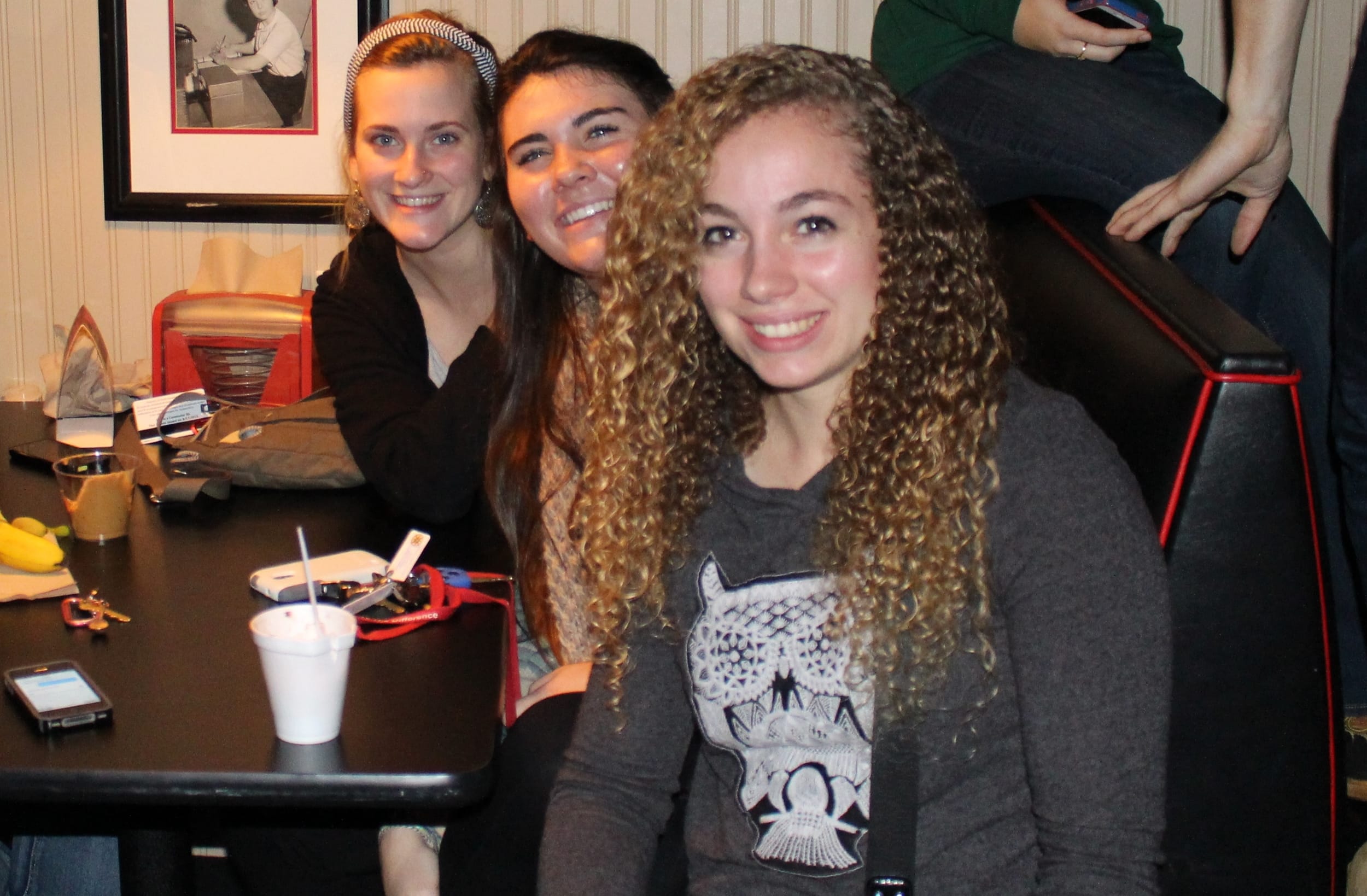 Emilie Russ, Caroline Cappell and Sarah Flook having a break from classes on Wednesday night.