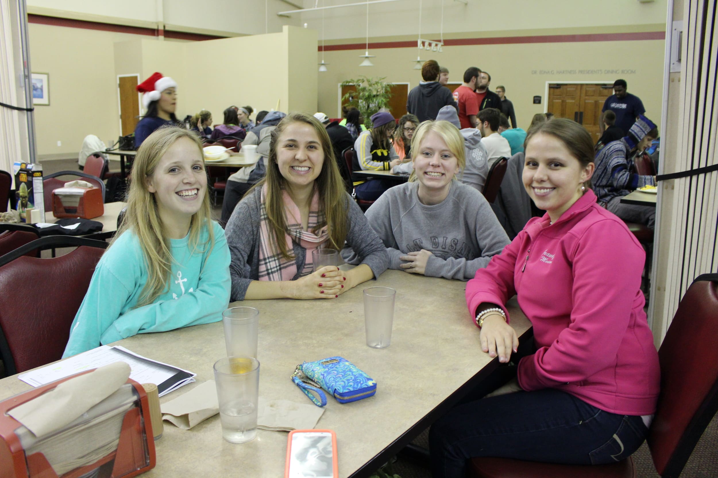 Bailey Stewart, Jori Edgington, Jessie Prescott and Rachel Wade are ready to take on exams after enjoying the pancakes and breakfast.