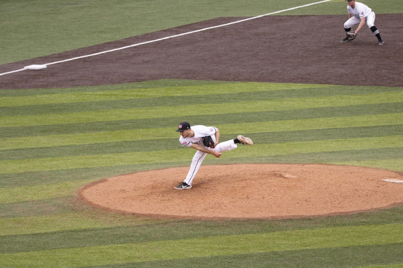 #48 Zach Taglieri pitching against Erskine.