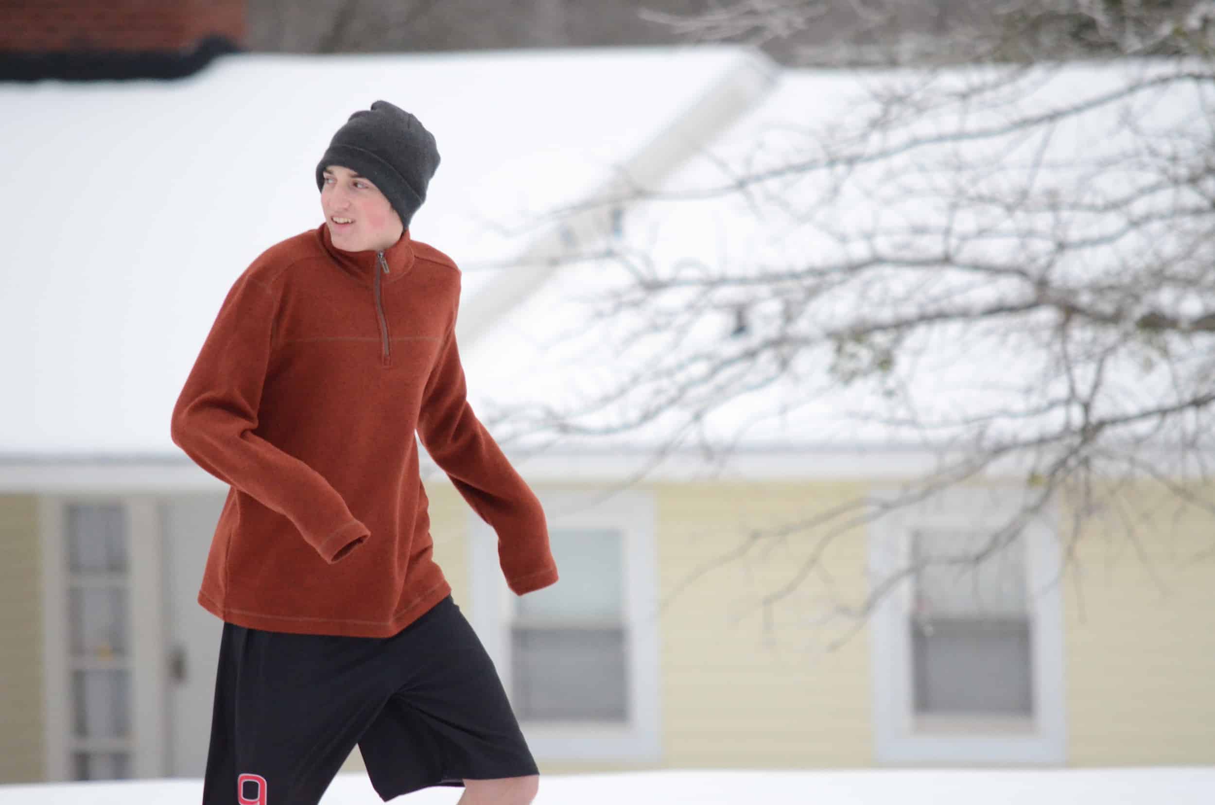 ryan Langston, what are you thinking wearing shorts in the snow?Photo by: Rebecca Meek