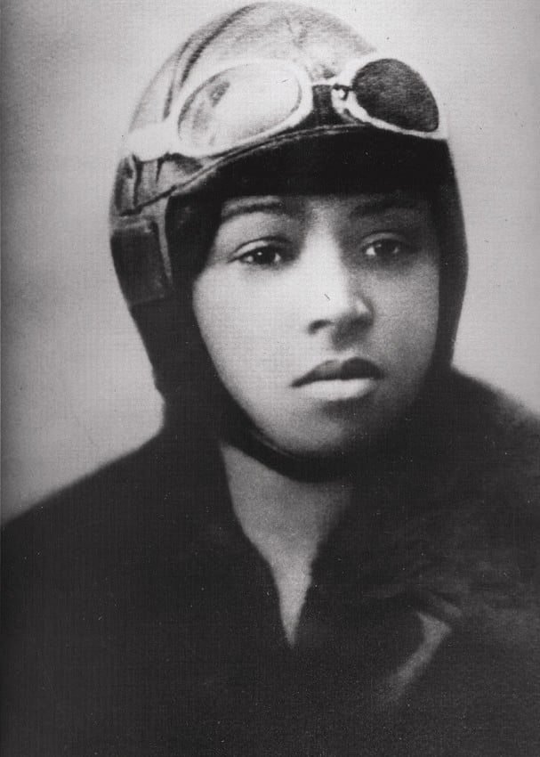 After becoming the first black female aviator,&nbsp;Bessie Coleman wears her flight helmet. Photo courtesy of Wikimedia Commons.