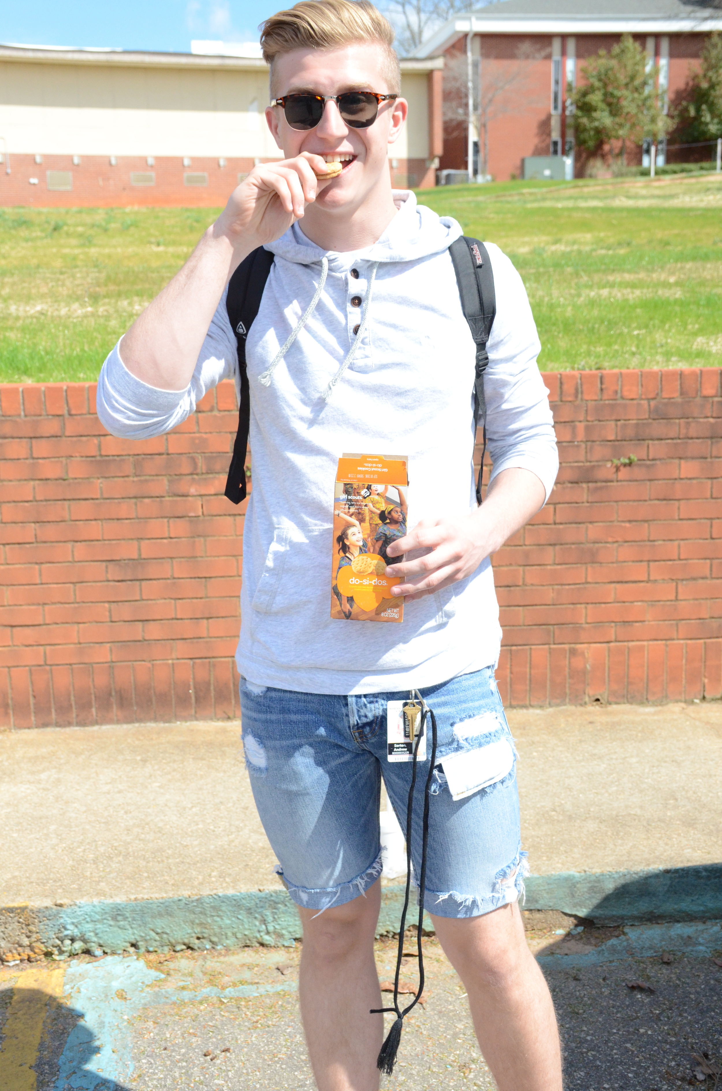 Andrew Sorton includes his Girl Scout cookies with his stylish outfit.&nbsp;