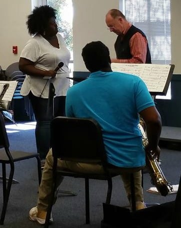 Charlie Parker (right), JR Ryans (middle)&nbsp;and Lachune Boyd (left), practicing for the Jazz Band Concert. Photo courtesy of Shelby Snigar.