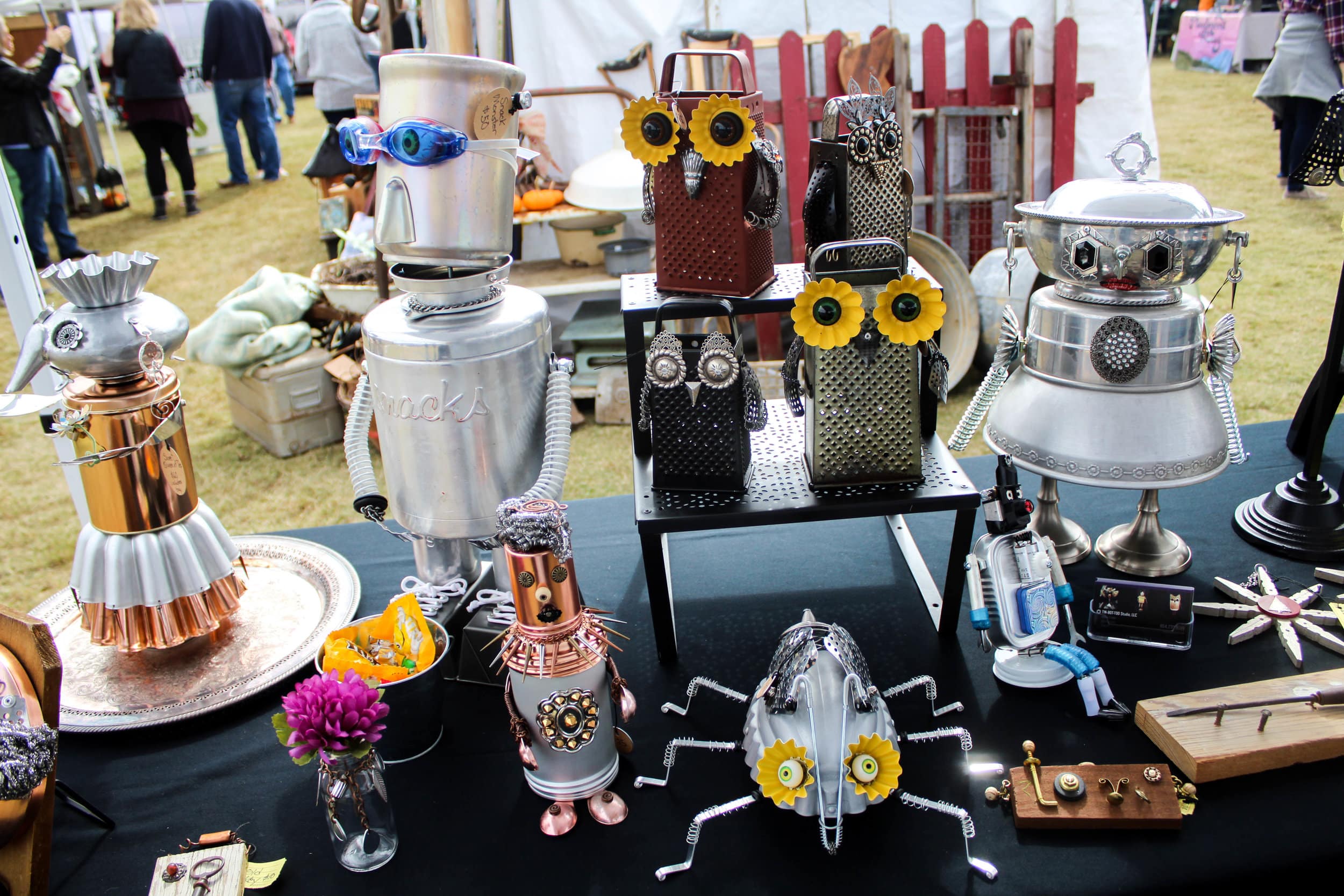 Helen Fields, owner and artist of TIN-BOT-TOO, brought many of her art pieces to sell at the market.