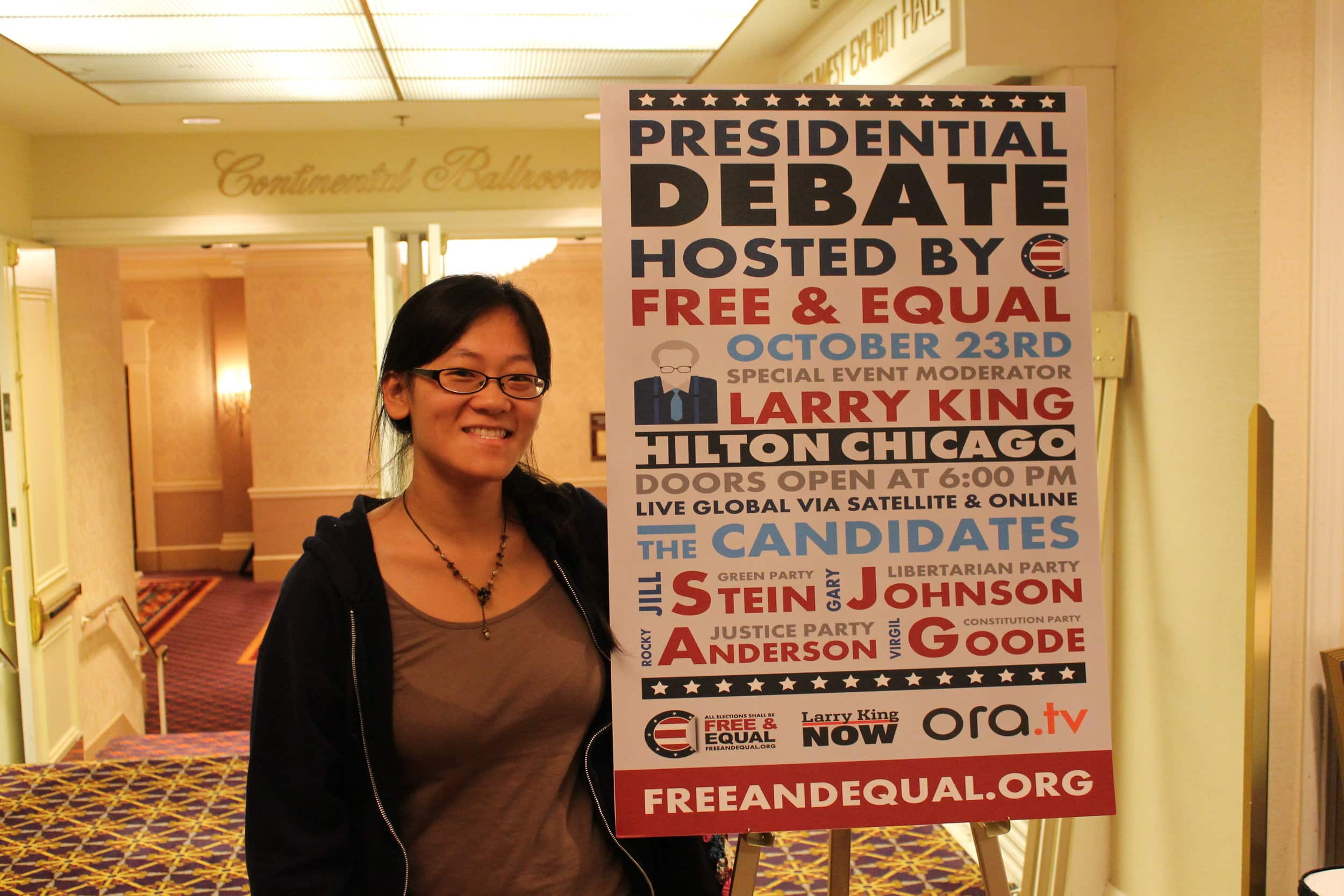 Sign promoting Third-Party Presidential Debate between Green Party candidate Jill Stein and Libertarian Party candidate Gary Johnson on October 23, 2012.