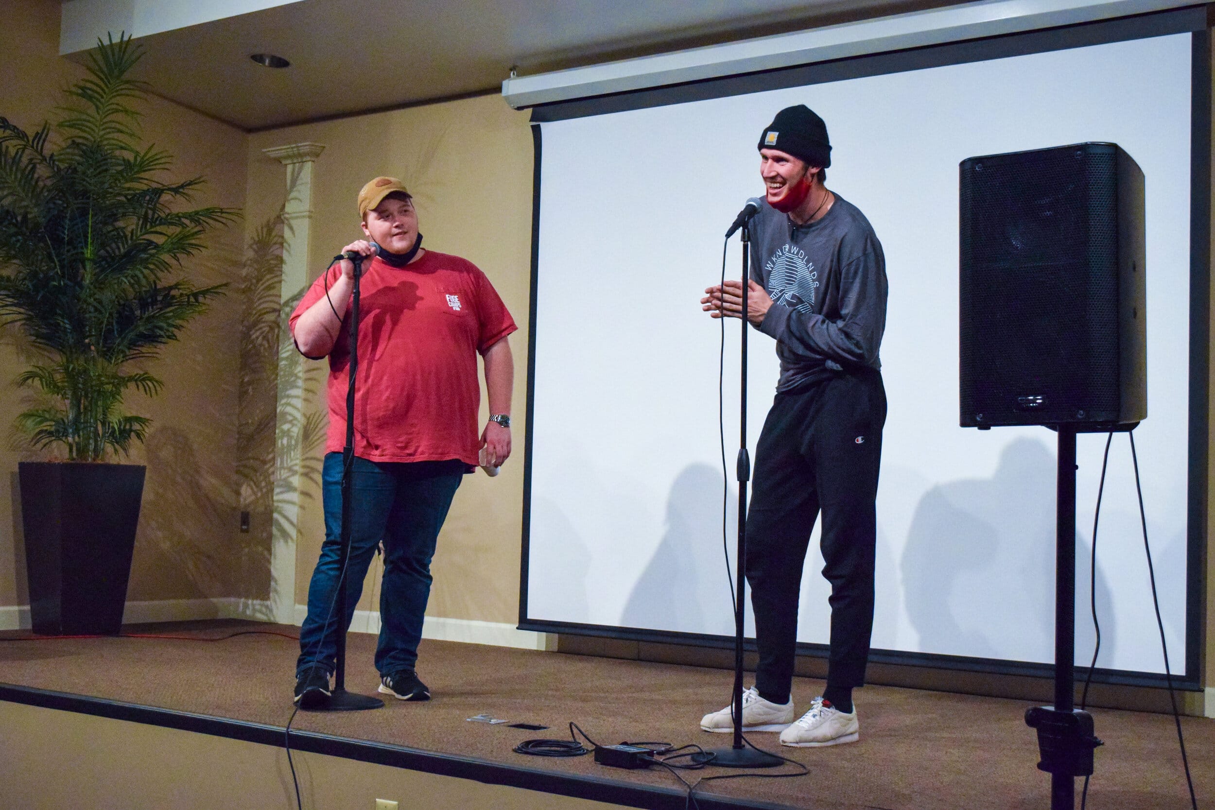 Creed Taylor, senior marketing major, entertains the audience with a joke.