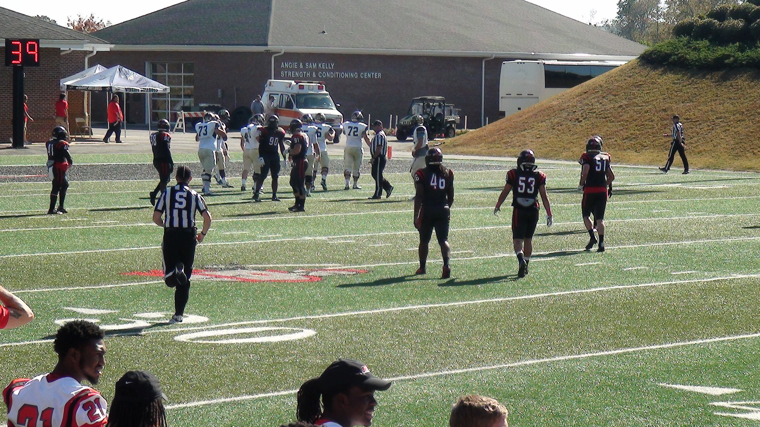  NGU and Wingate players wait on the referee's call.&nbsp; 