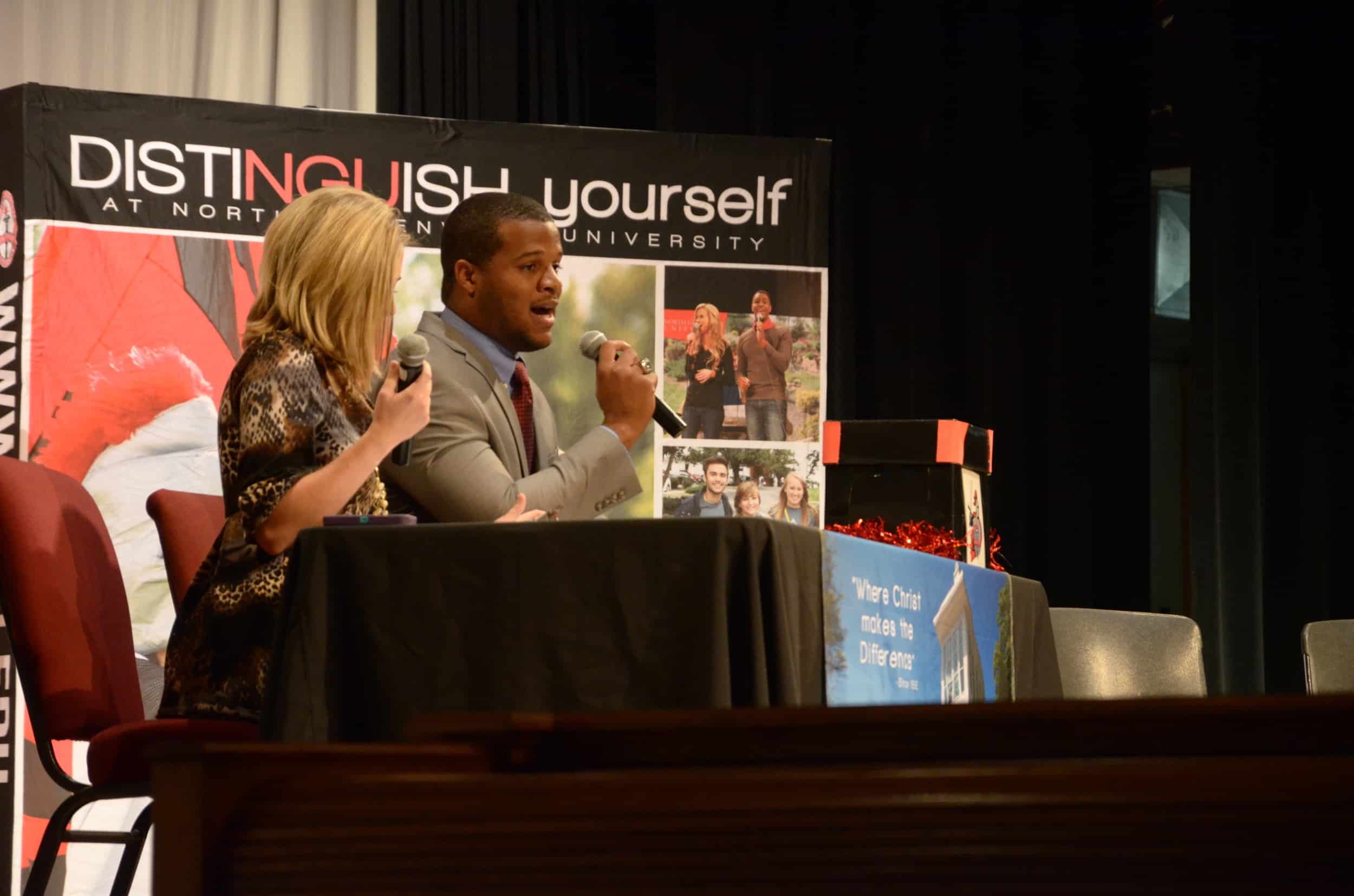  Justin Bishop and Katie Lynn Marshall, admissions counselors, start up the November 1, 2014 Encounter Day at North Greenville University by bringing up some current and past students and employees of NGU. 