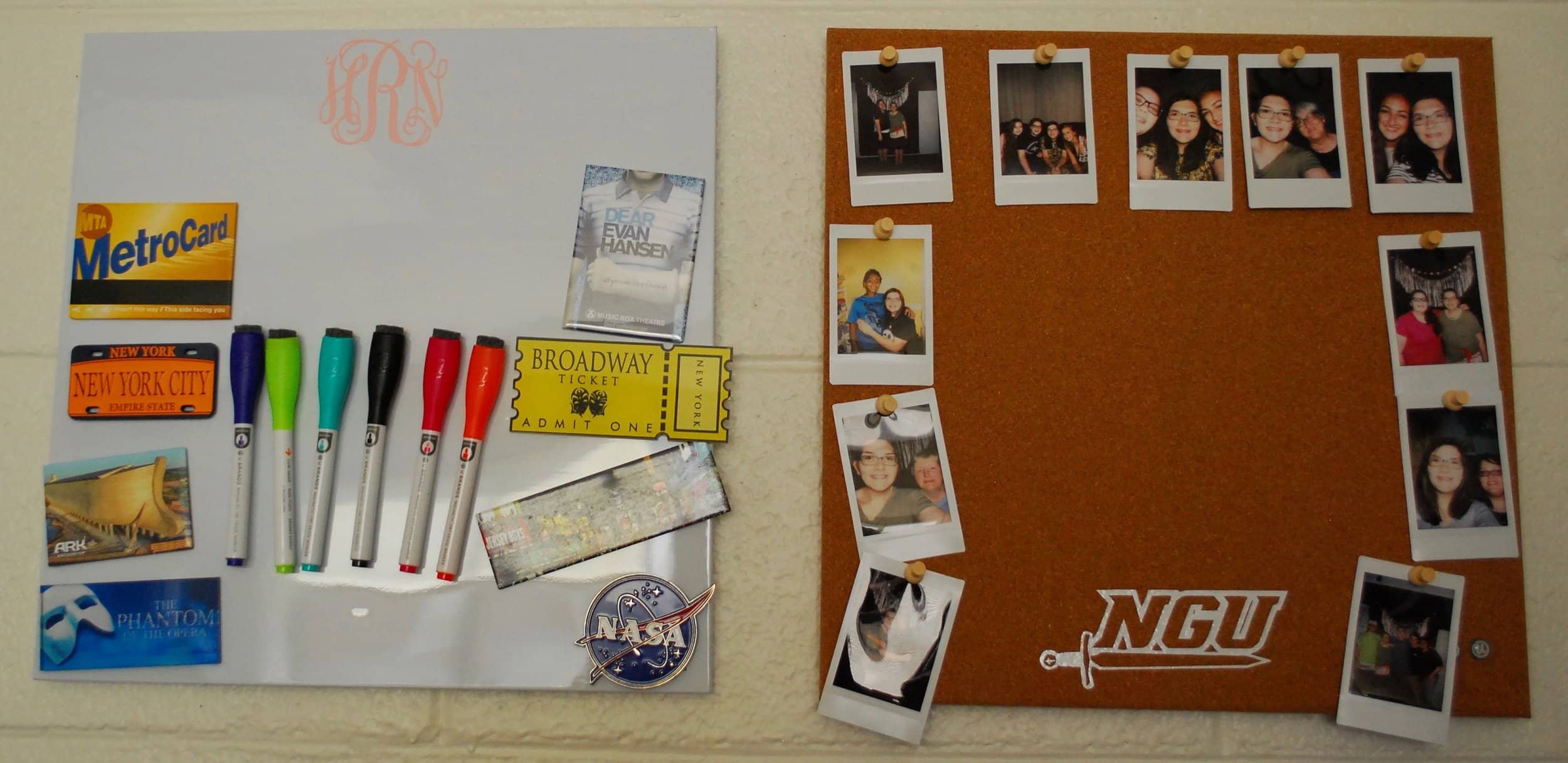 Roddy's collection of New York magnets (left) and one of her many photographic displays of family and friends (right).