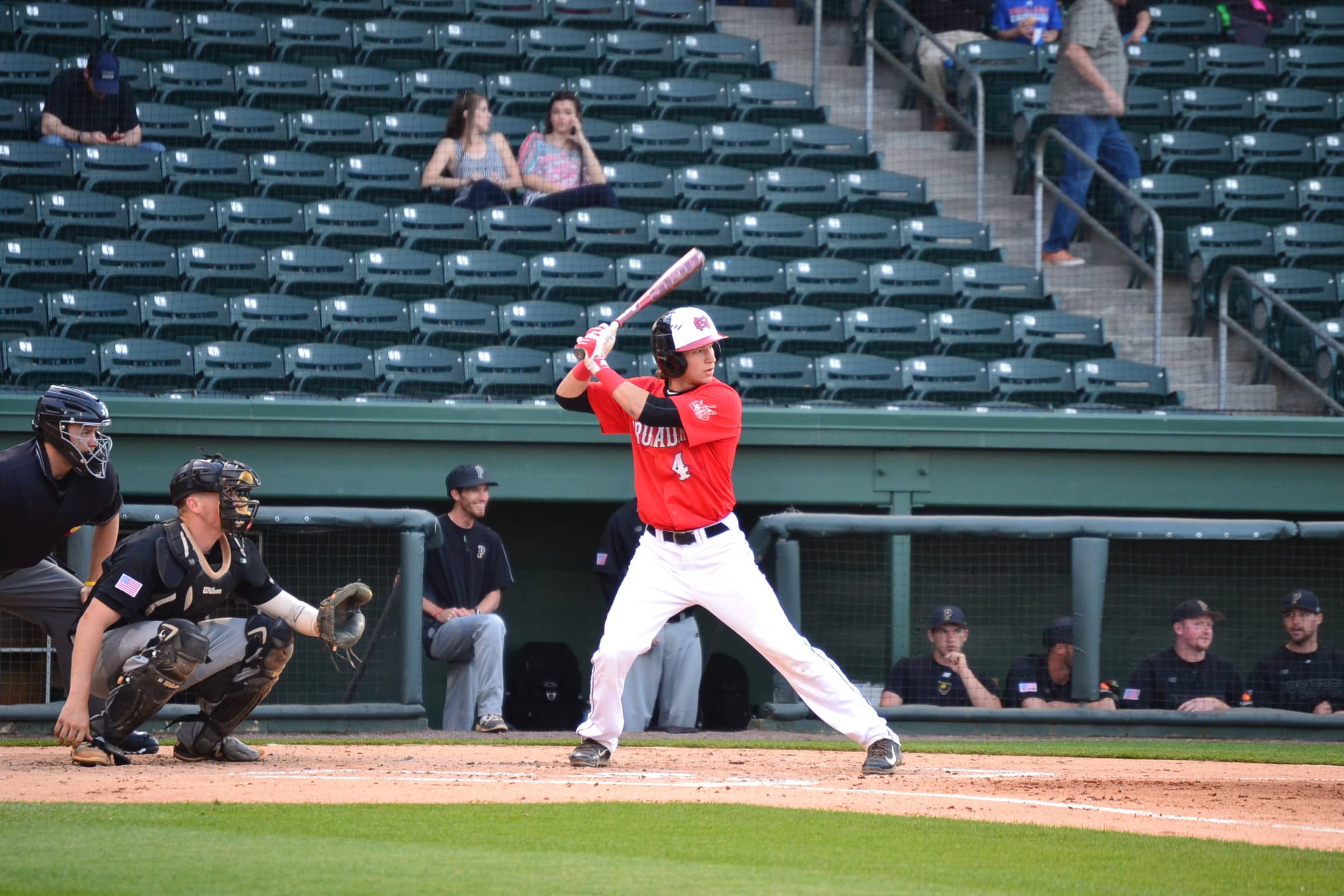 Wheeler Smith, a junior, steps up to bat to help bring the Crusaders to their victory at the Greenville Drive.&nbsp; 