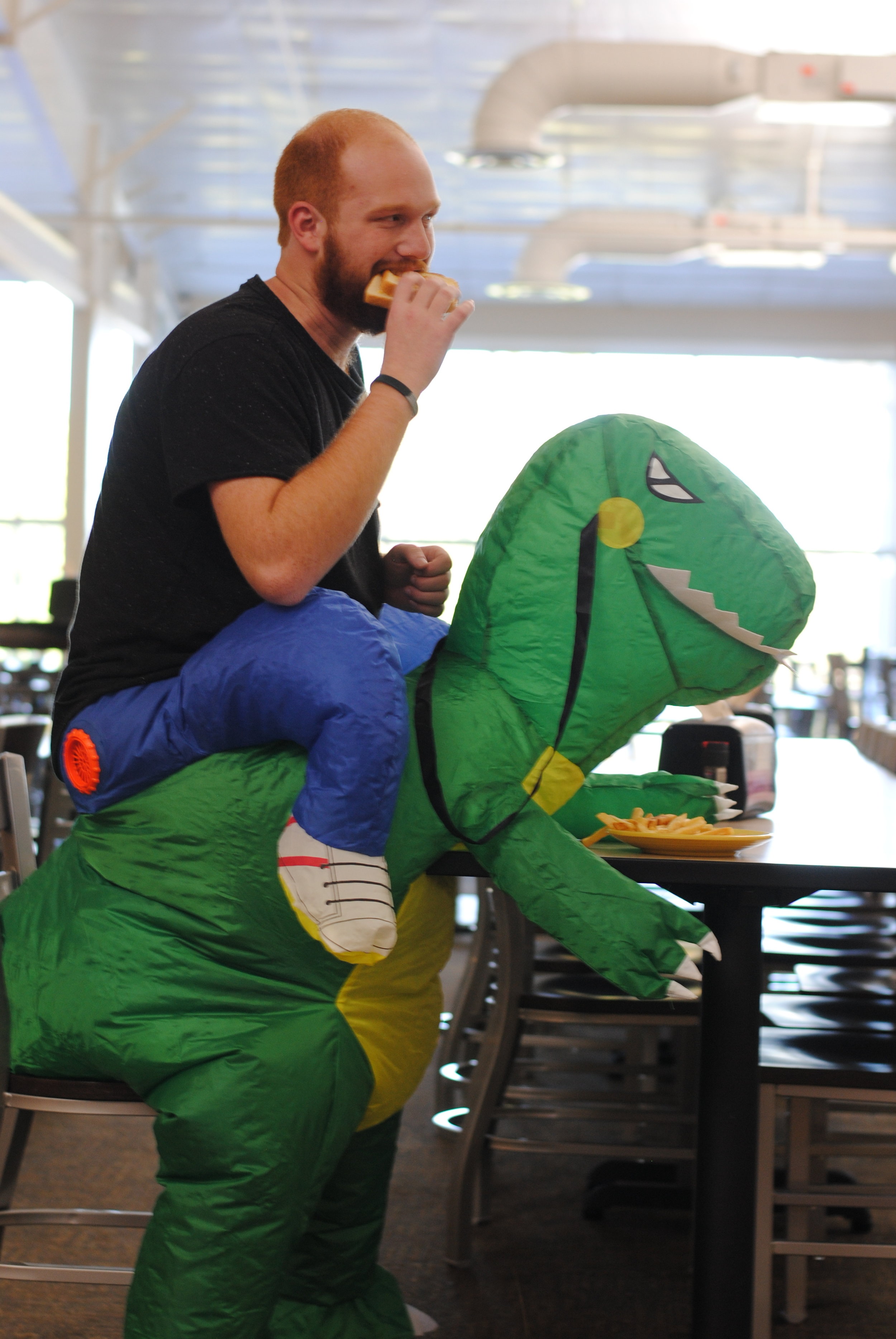 Danny the dinosaur always starts his day off right with a hearty meal in the cafeteria. Michael Blackwood (junior) is one of Danny's closest friends. They go everywhere together and are practically attached at the hip.
