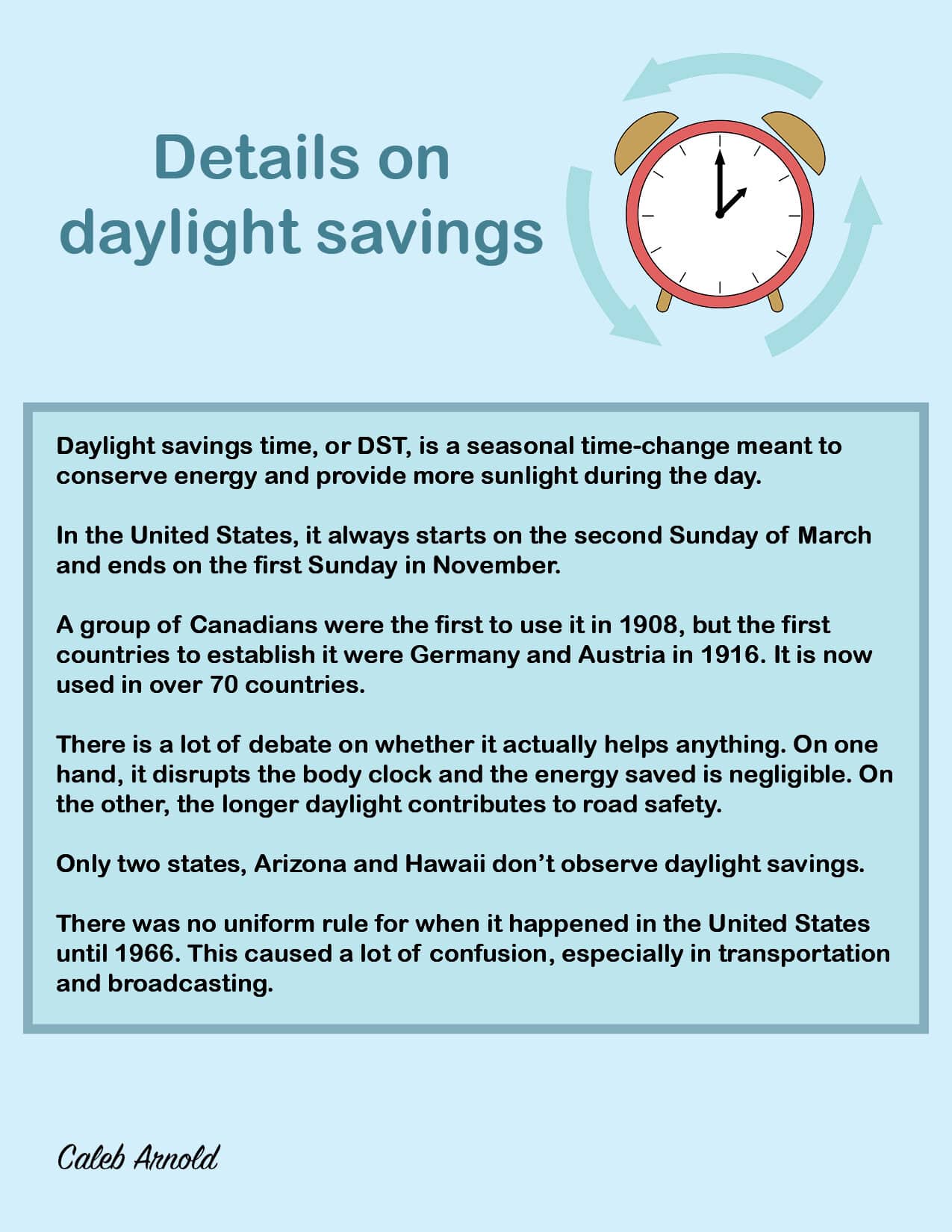 Daylight savings time started on March 8, this year. Read up on some of the history and details of DST.Source: timeanddate.com