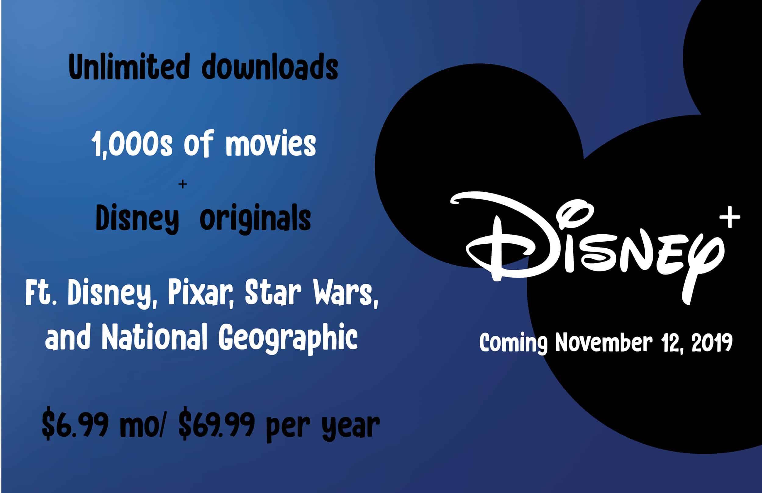 Disney Plus is the new upcoming streaming service officially launching in November of 2019. The service will include shows from Disney, Pixar, and National Geographic.