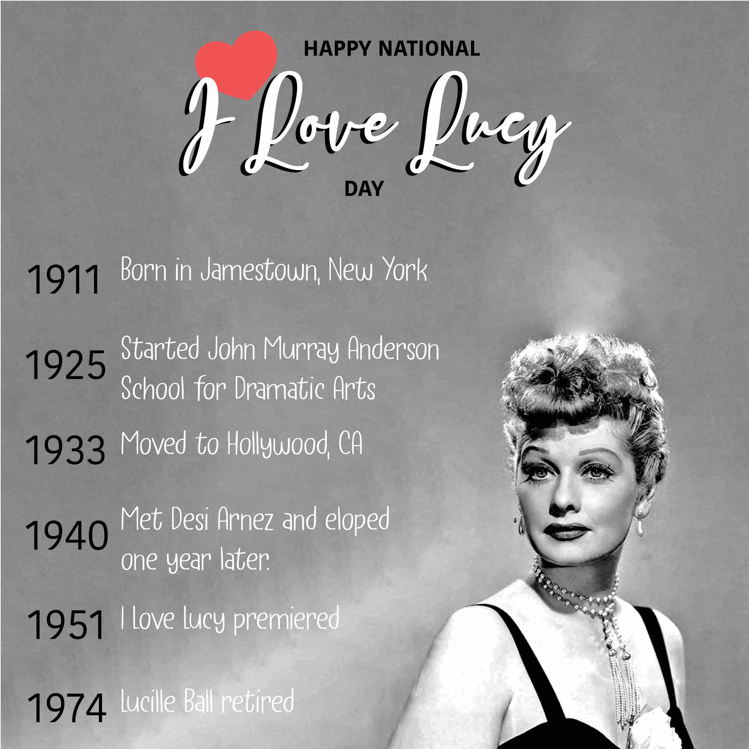 We celebrate National I Love Lucy Day on Oct. 15th, 2019. Lucille Ball was an American actress, producer, comedian and so much more.