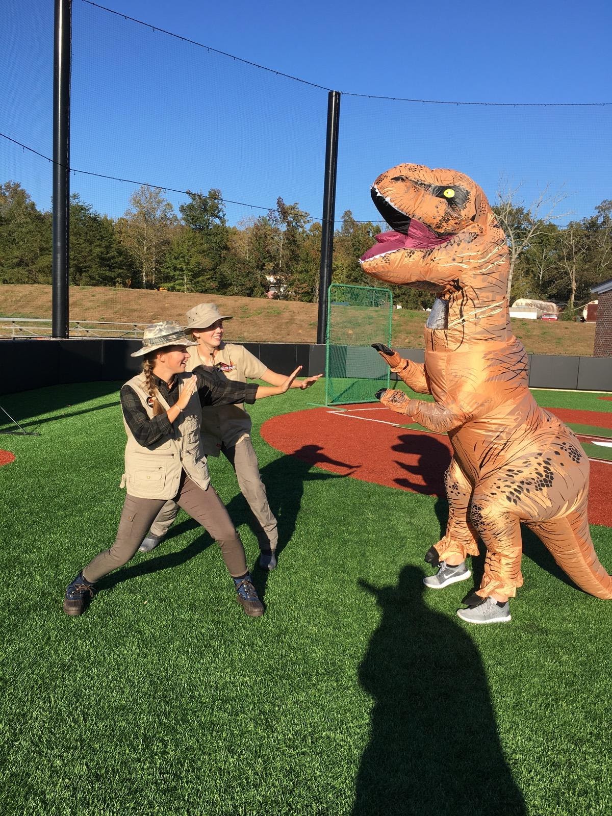 Freshmen Darbi Holmes and Taylor Koon get ready to fight freshman Jalein Griffin after discovering the horrifying T-Rex.&nbsp;