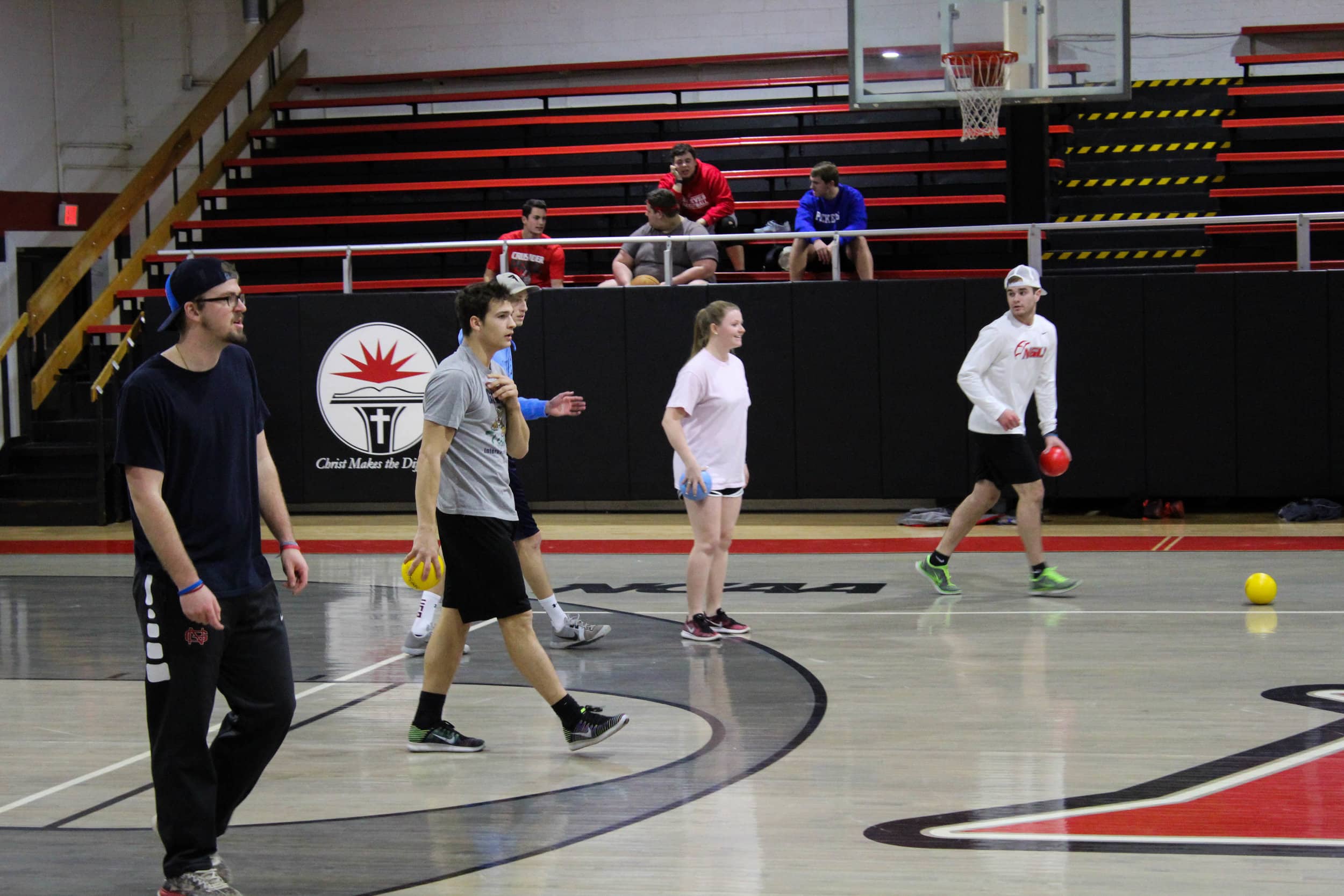 Photo Courtesy of Kenzie WebbPeople engaged in an intense game of dodgeball: (left to right) Bryce Allen, Josh Moore, Abby Malcom, Luke Raines