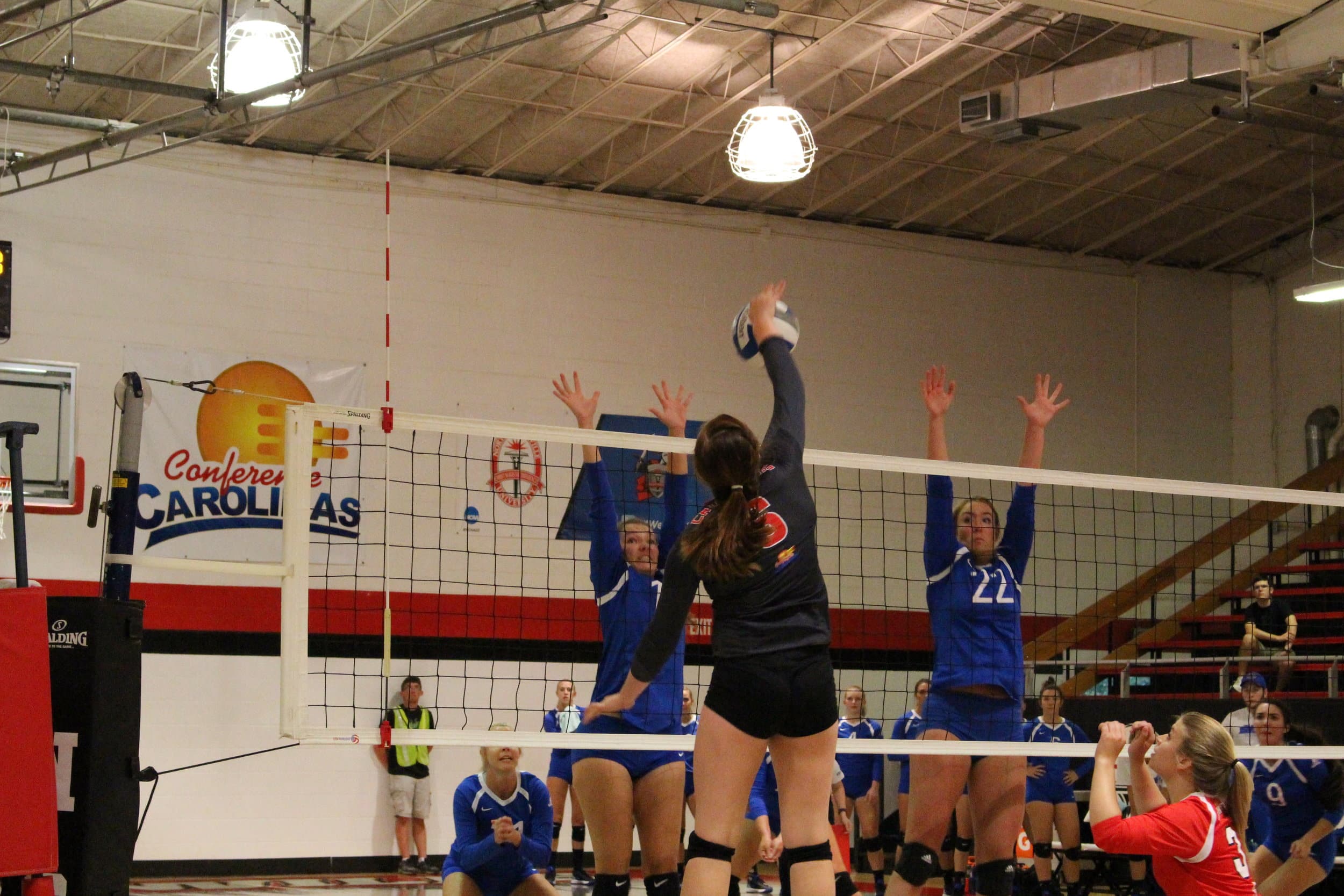  Samantha Hebb spikes the ball to gain the point for NGU.&nbsp; 