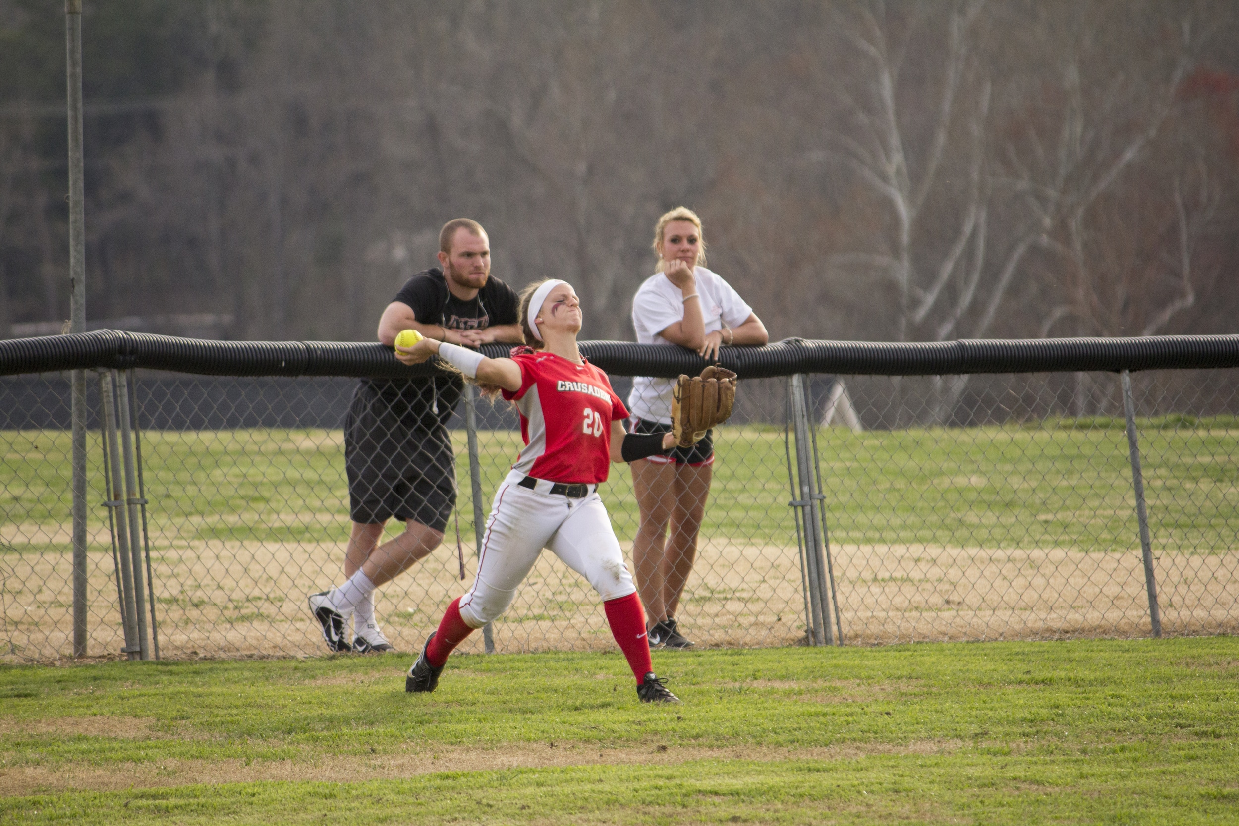  Senior Sarah Armstrong launches the ball to her teammate in the infield.&nbsp; 