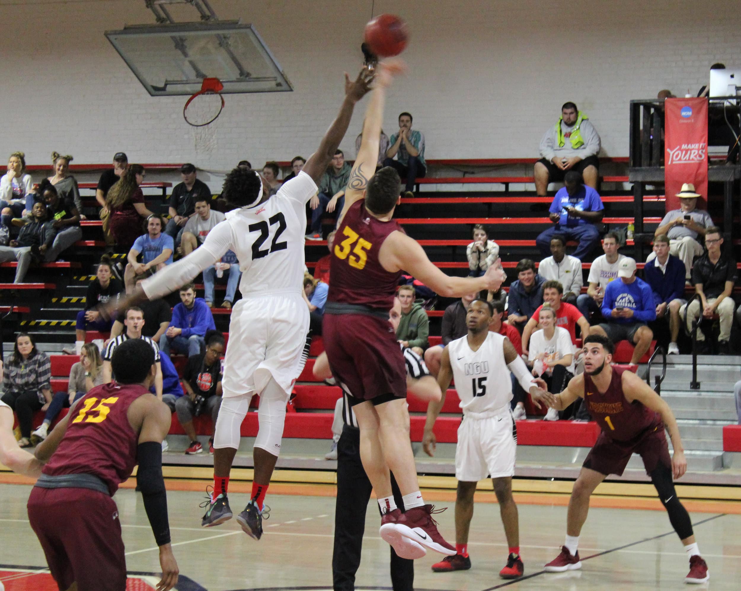 Howell, 22, launches for the jump ball to begin the first quarter.