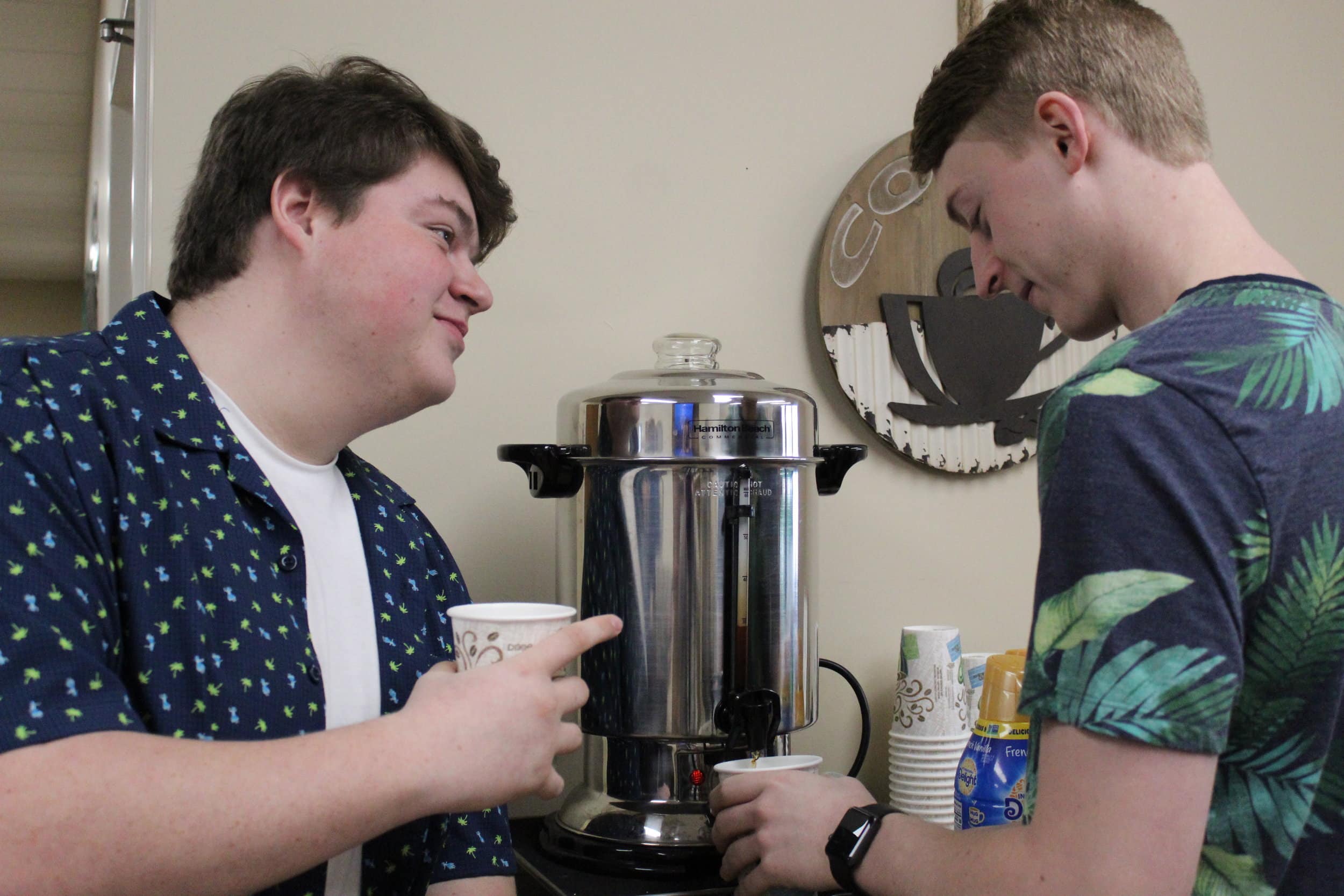 Pictured here is Jameson Evatt and Nathan Ingle fellowshipping over a cup of coffee before Sunday morning service.