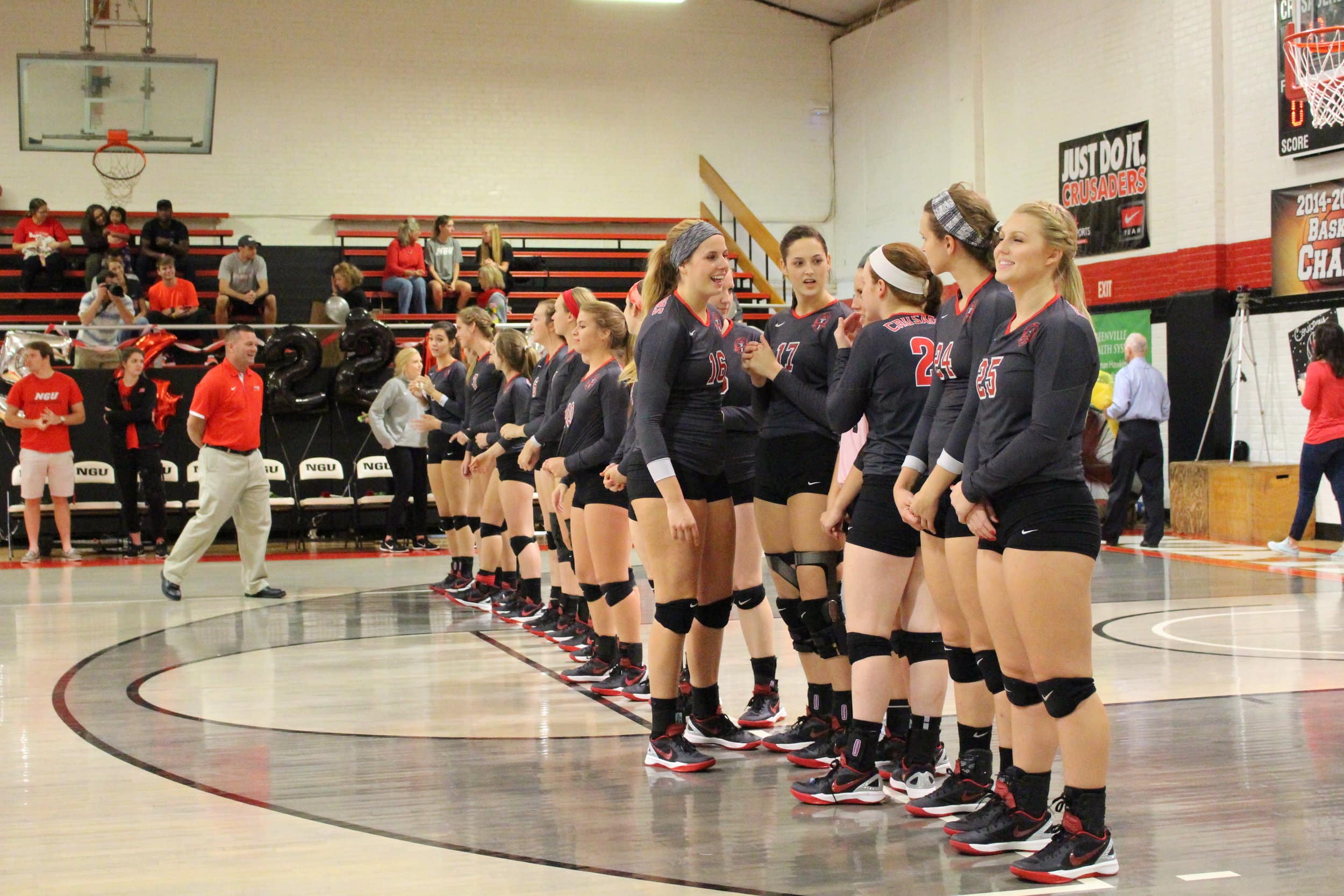  The seniors line up one last time on NGU's home court.&nbsp; 