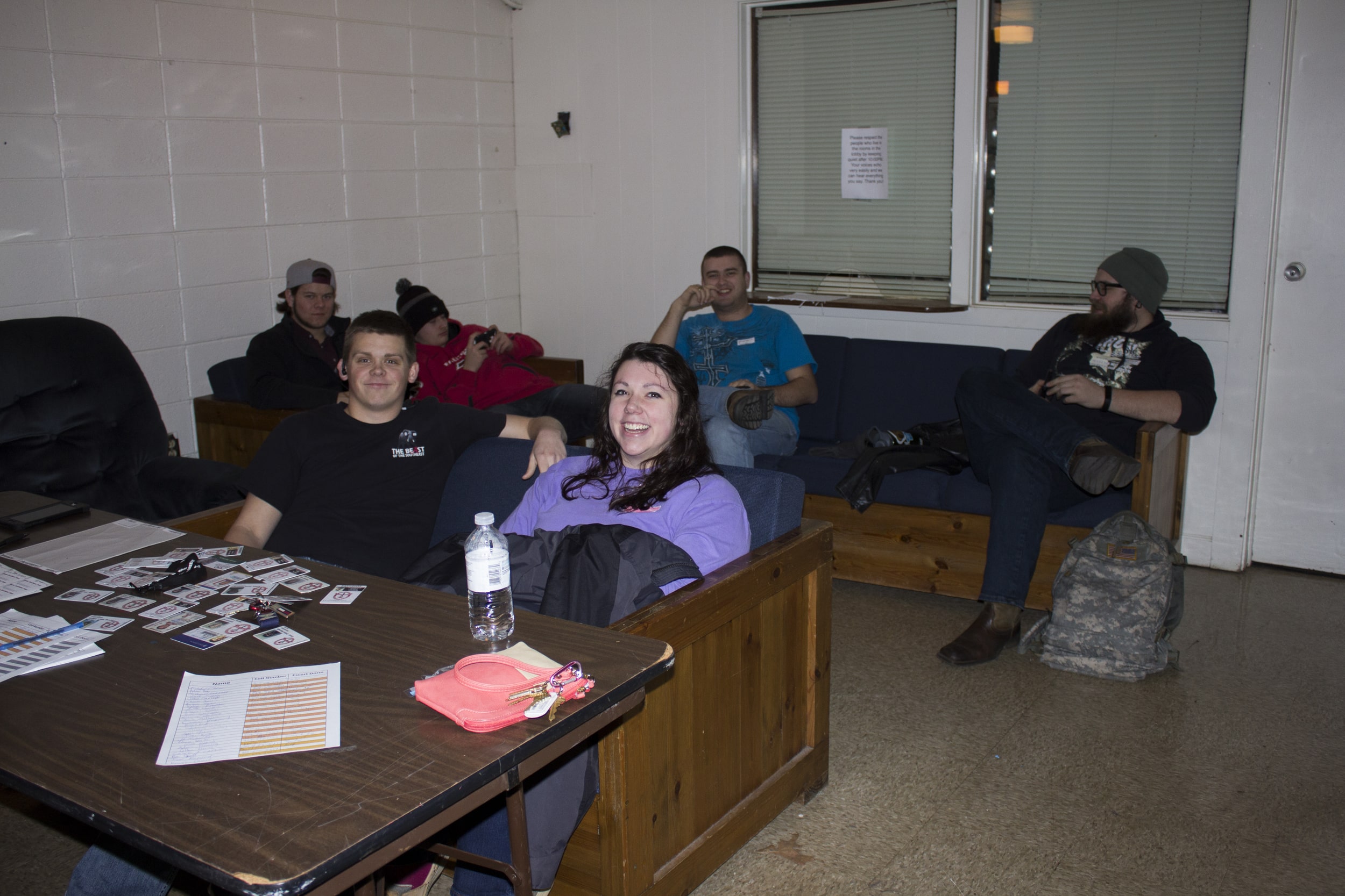  Abigail Tinker, Will Armstrong, Kyle Tatum work alongside their fellow RA's and RC's for open dorm night check-ins.&nbsp; 