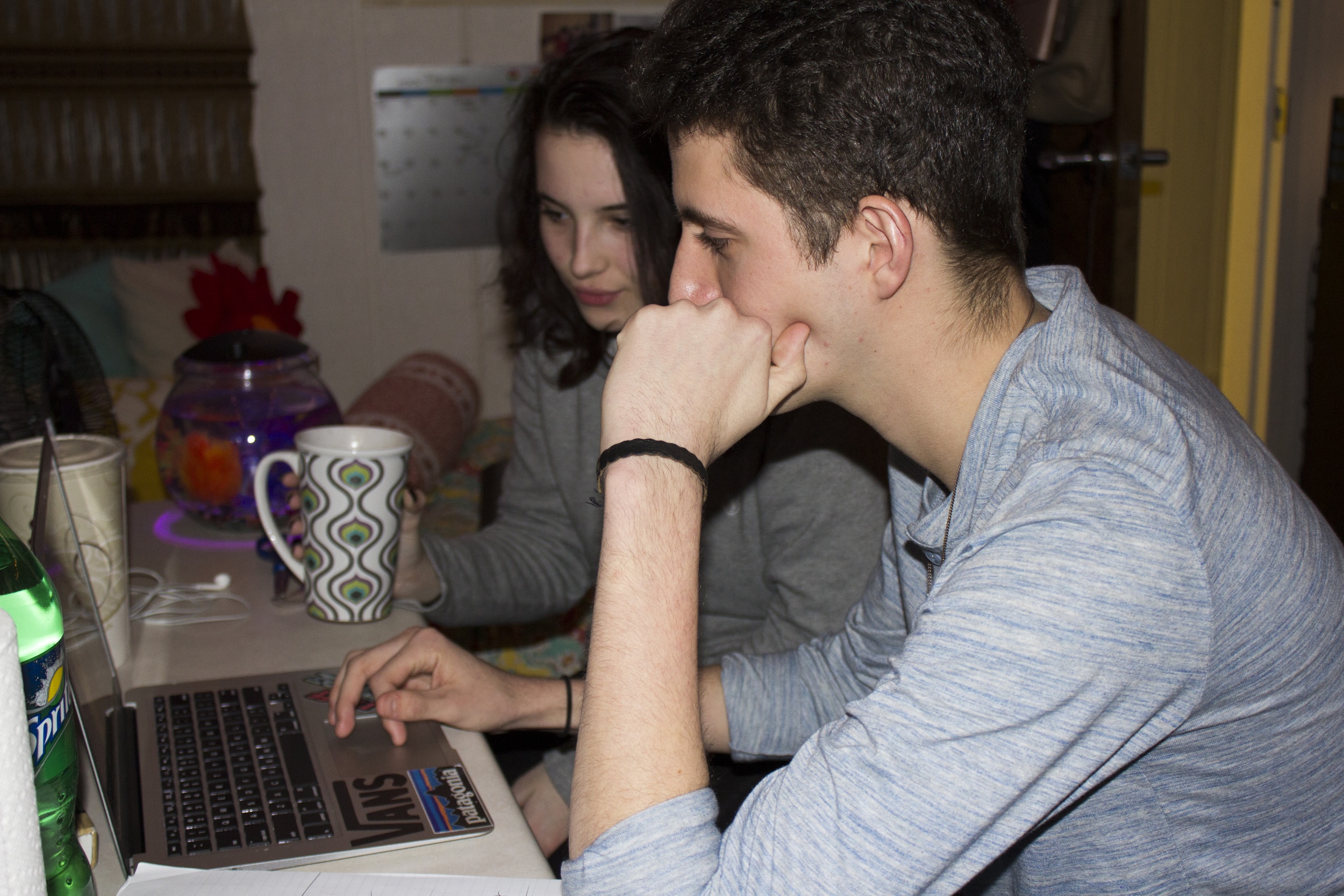  Meghan Miller and Jordon Conner enjoy the chance to enjoy a hot beverage and some quality time during open dorms. 