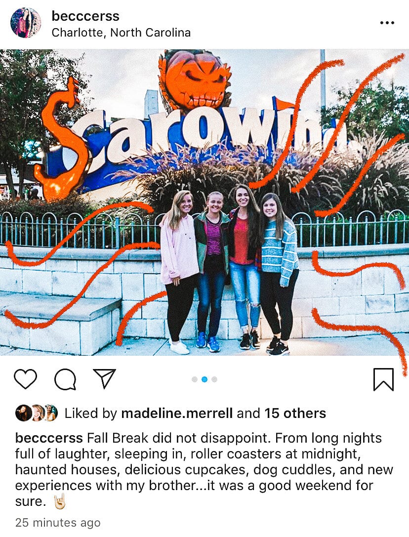 Becca Garris and friends from NGU enjoying fall break at Scarowinds.